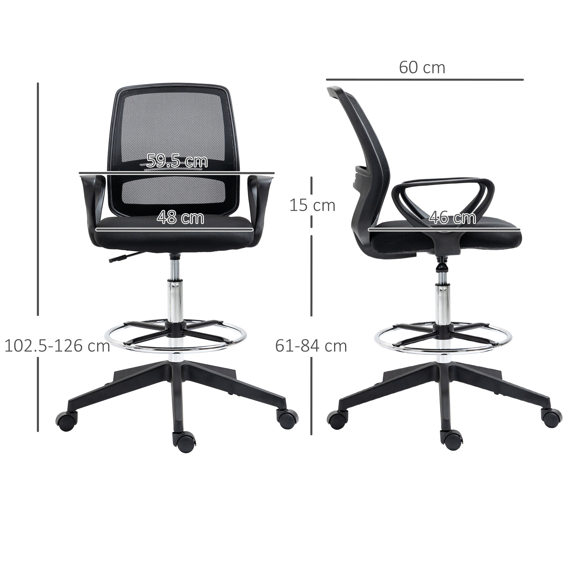 Vinsetto Ergonomic Mesh Back Drafting Chair, Tall Office Chair, Draughtsman Chair with Adjustable Height and Footrest 360° Swivel, Set of 5 - North Peak Garden Furniture