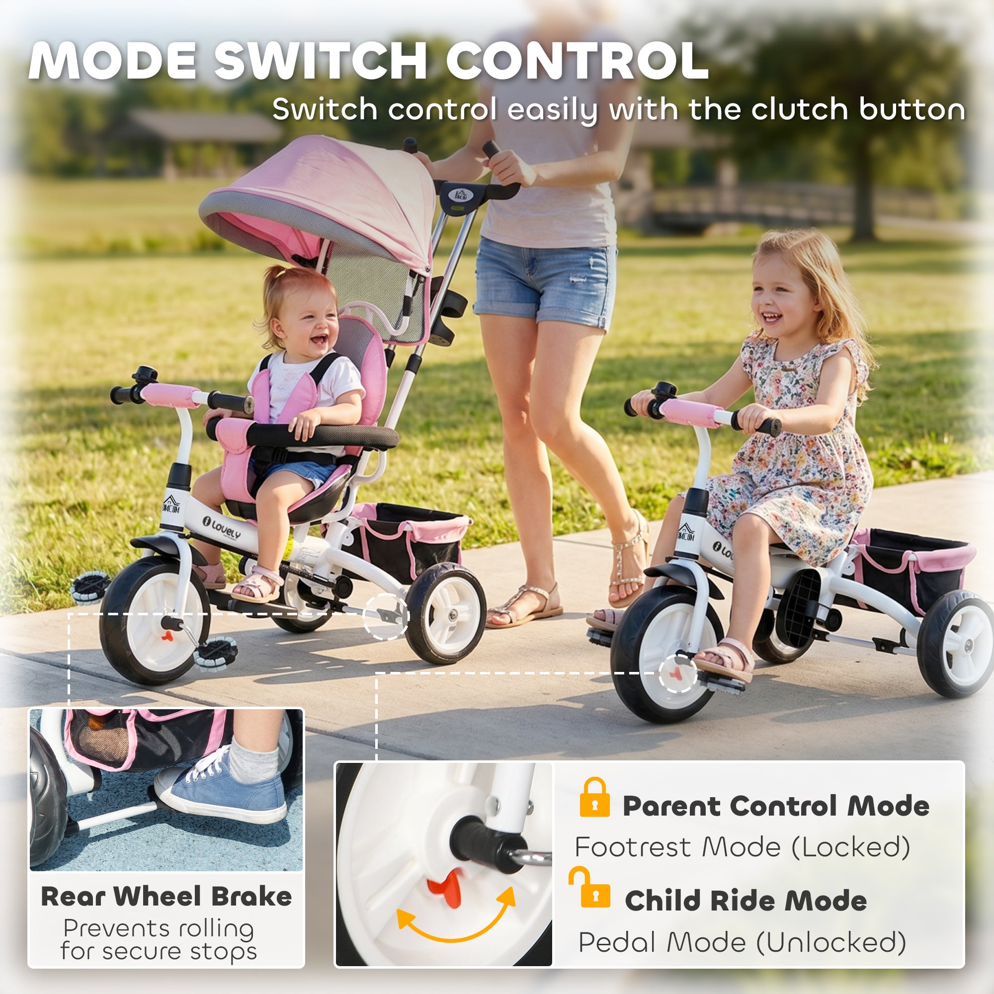 HOMCOM 6 in 1 Kids Trike Push Bike w/ Push Handle, Canopy, 5-point Seat Belt, Storage, Footrest, Brake, for 1-5 Years, Pink
