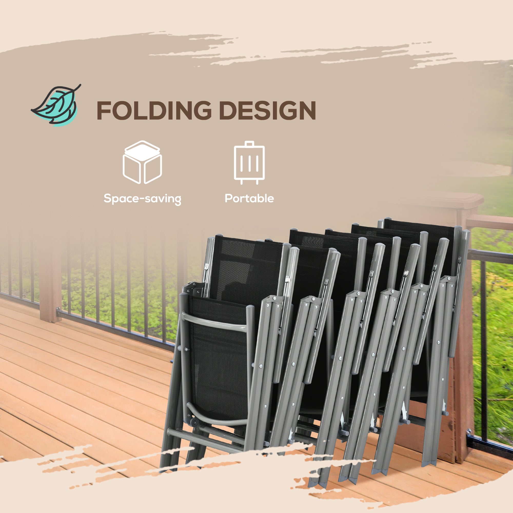 Outsunny 7 Piece Garden Dining Set, Outdoor Table and 6 Folding and Reclining Chairs, Aluminium Frame, Tempered Glass Top Table, Texteline Seats, Black - North Peak Garden Furniture
