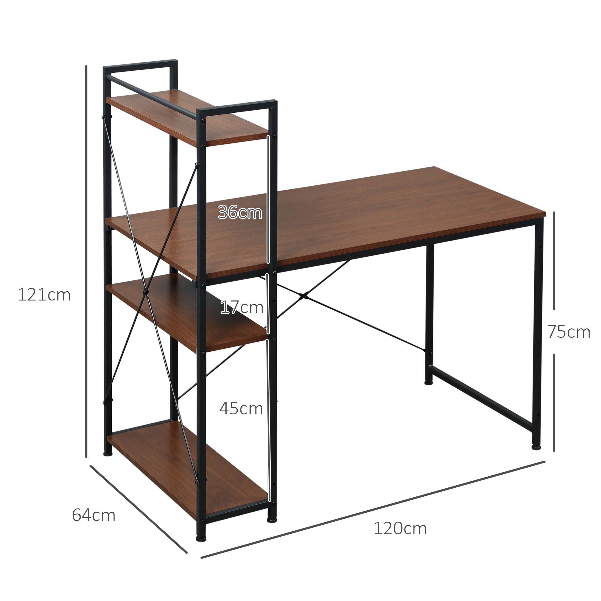 HOMCOM Computer Desk with Storage Shelves on Left or Right, Industrial Reversible Writing Desk for Home Office, Study, Easy Assembly, 120 x 64 x 121cm, Walnut and Black - North Peak Garden Furniture