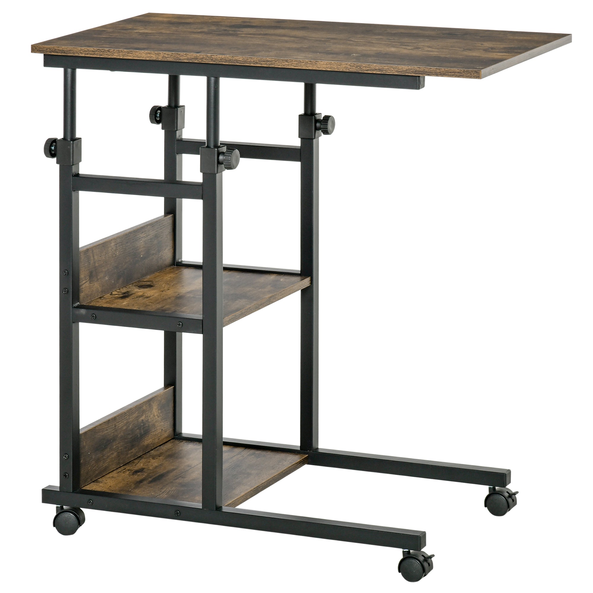 HOMCOM C-Shaped Side Table Industrial Mobile Rolling End Desk with 3-Tier Storage Shelving, Adjustable Height, Wheels - North Peak Garden Furniture