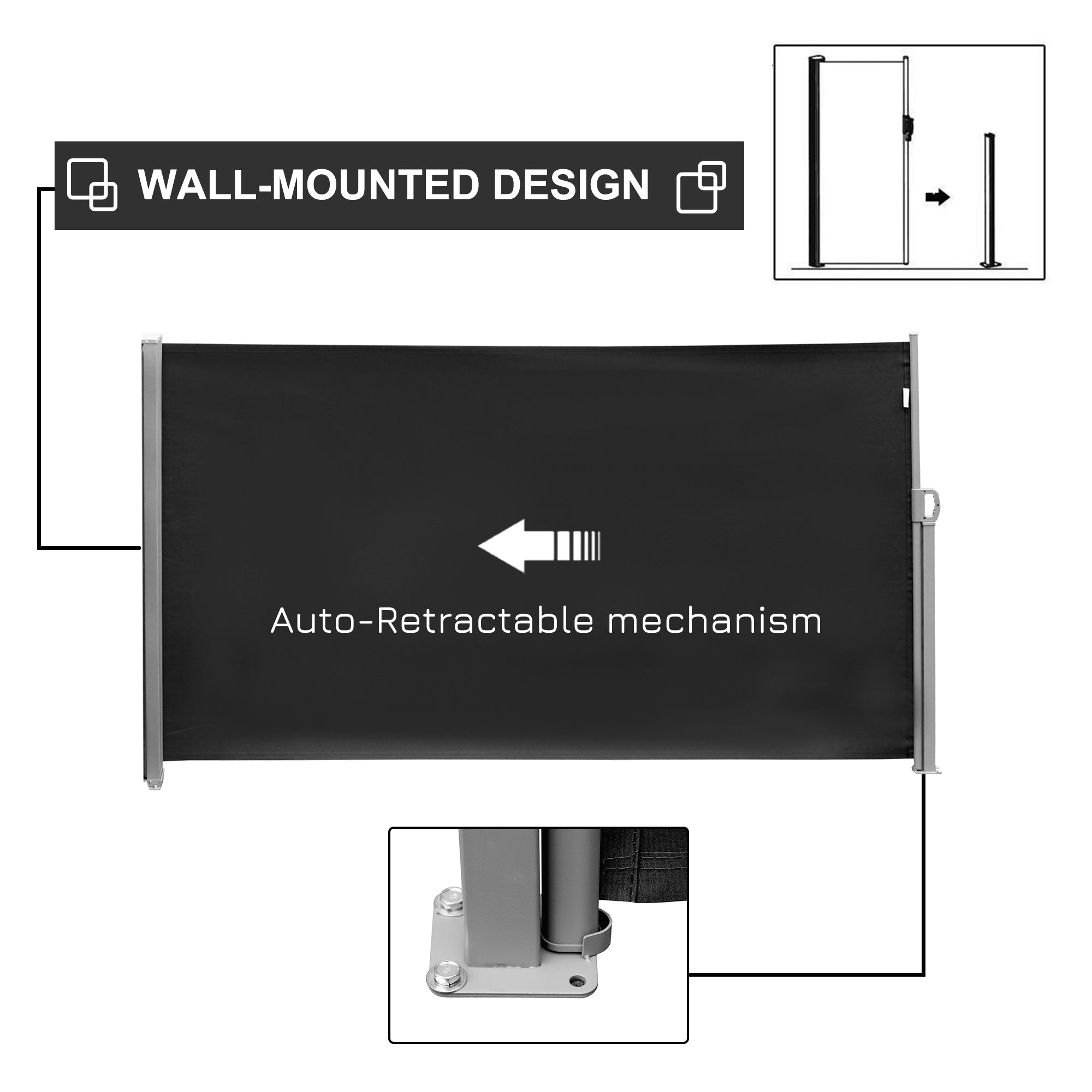 Outsunny Retractable Sun Side Awning Screen Fence Patio Garden Wall Balcony Screening Panel Outdoor Blind Privacy Divider (3x1.8M, Black) - North Peak Garden Furniture