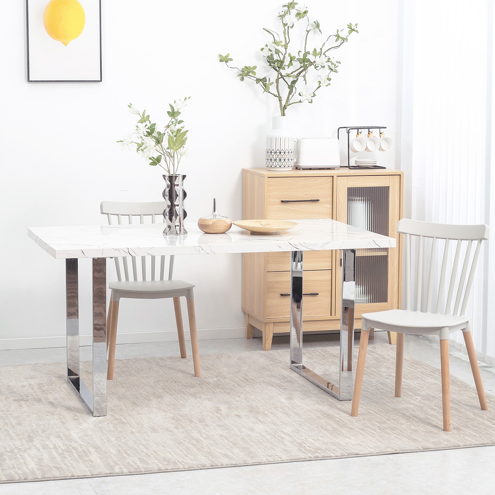 HOMCOM Modern Dining Room Table Rectangular Kitchen Table for 6-8 People with Marble Effect Tabletop Steel Legs 160 cm White - North Peak Garden Furniture