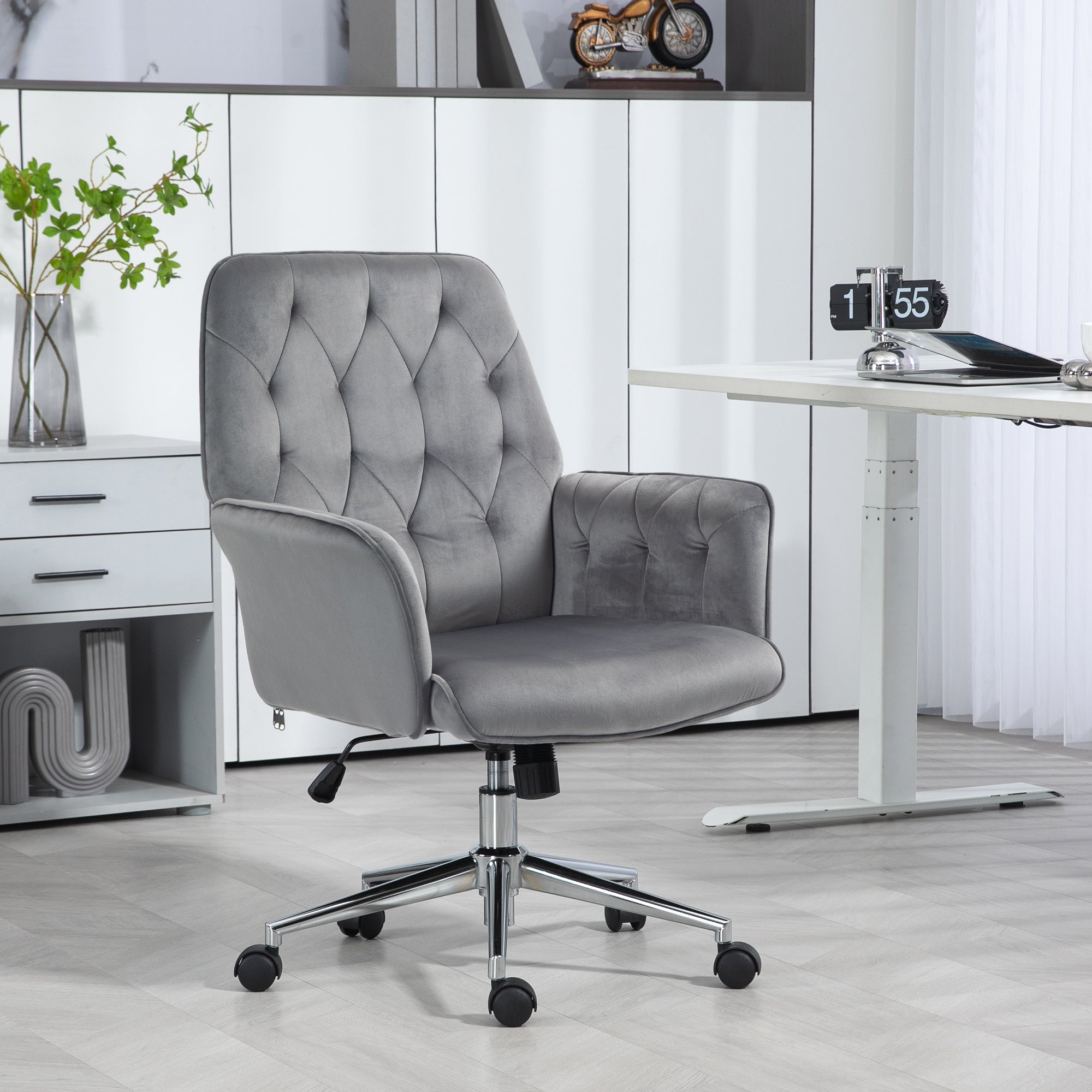 Vinsetto Linen Computer Chair with Armrest, Modern Swivel Chair with Adjustable Height, Dark Grey - North Peak Garden Furniture