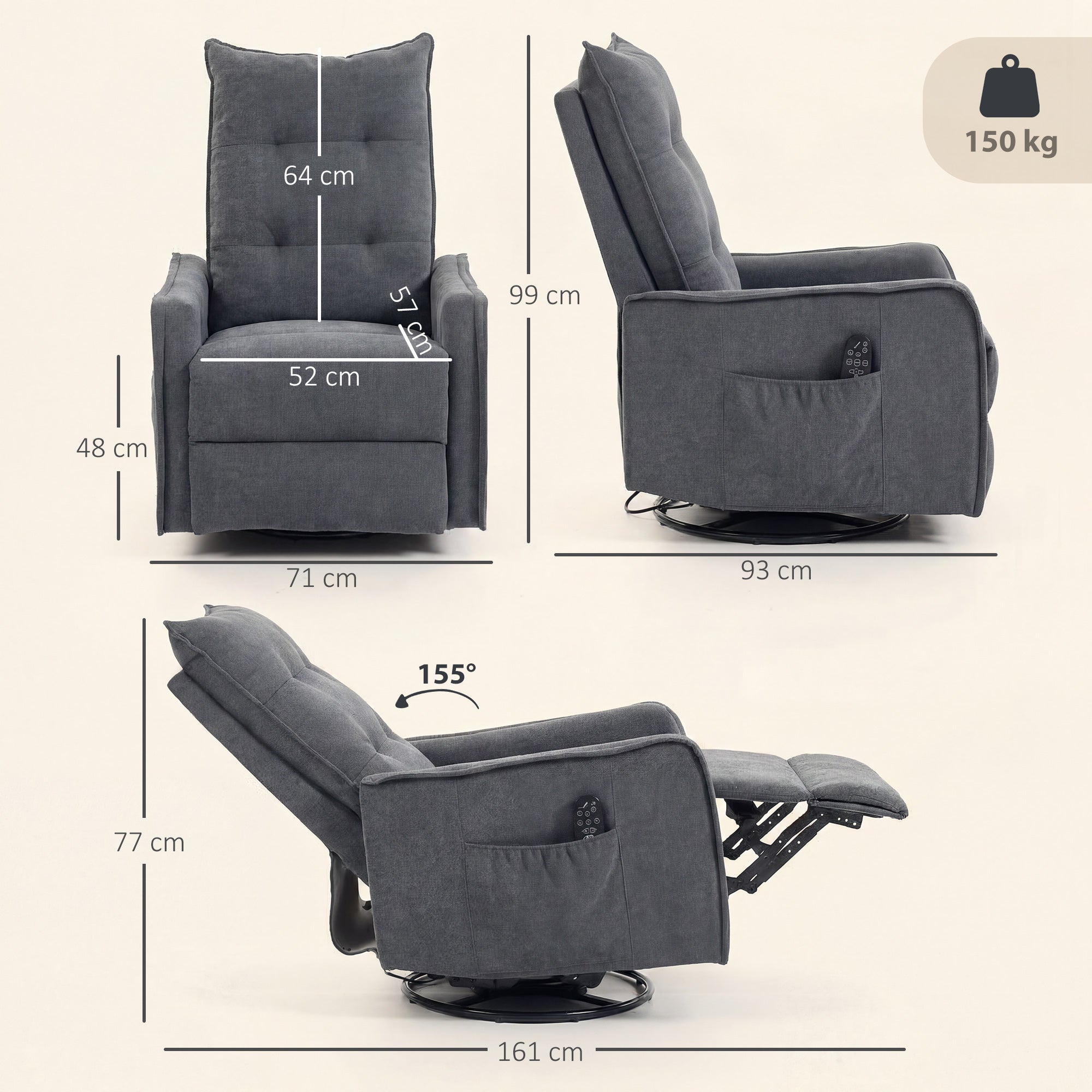 HOMCOM Recliner Armchair, Chenille Recliner Chair with Massage and Heat, 360° Swivel Rocking Manual Recliner, Dark Grey