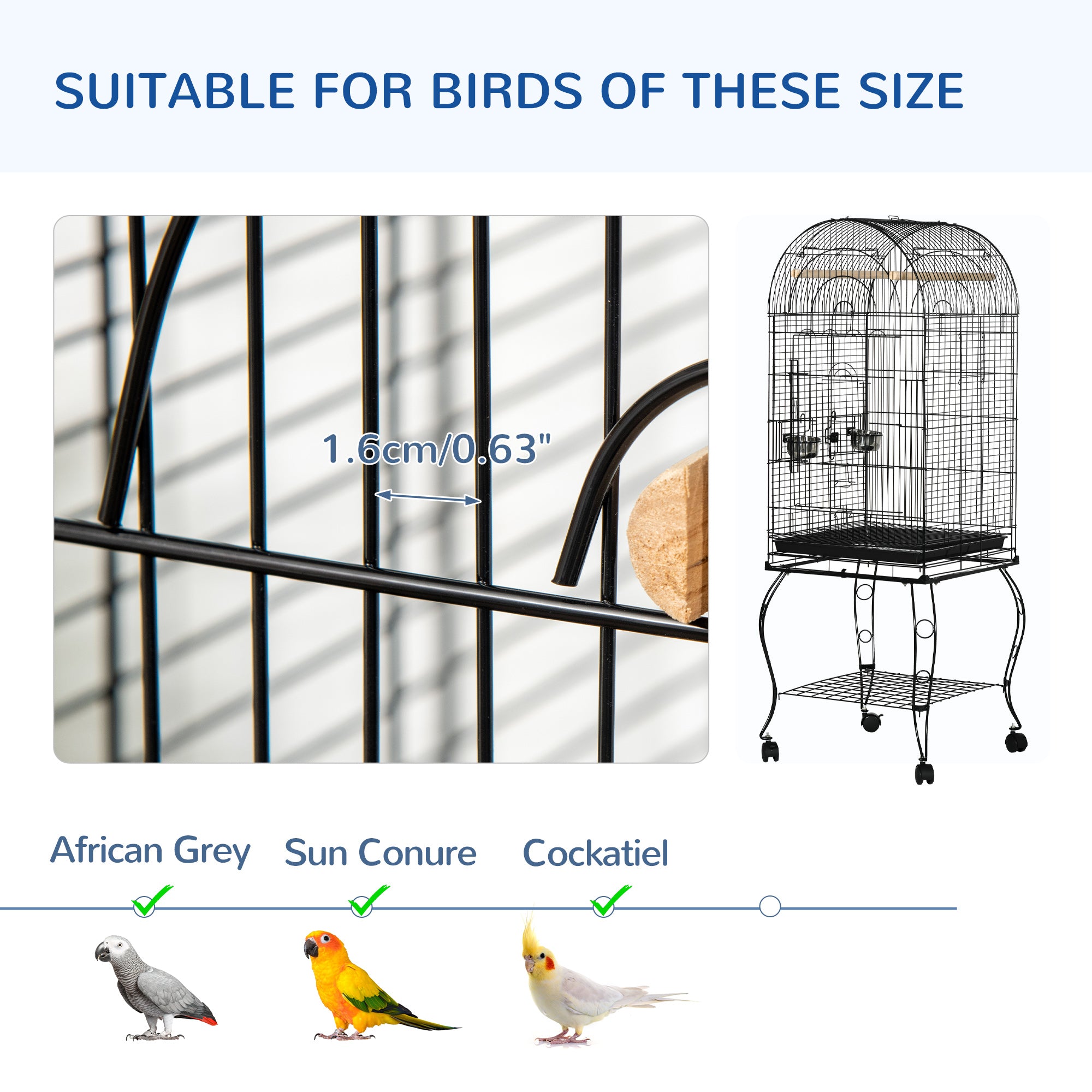 PawHut 1.53(m) Bird Cage, Pet Viary, Feeding Stand, with Wheels, Perch - North Peak Garden Furniture