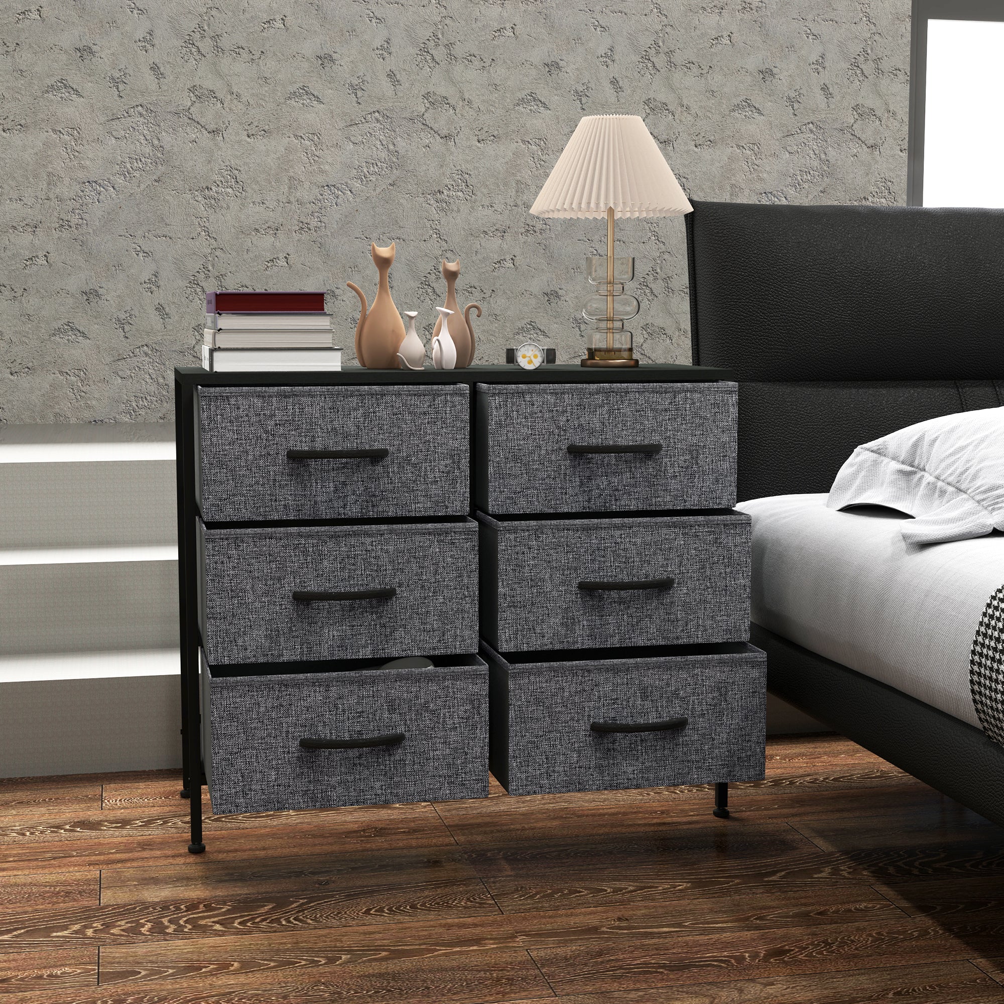 HOMCOM Fabric Chest of Drawers, Storage Drawers, Industrial Bedroom Dresser with 6 Fabric Drawers, Steel Frame and Wooden Top for Nursery, Living Room, Hallway, Black - North Peak Garden Furniture