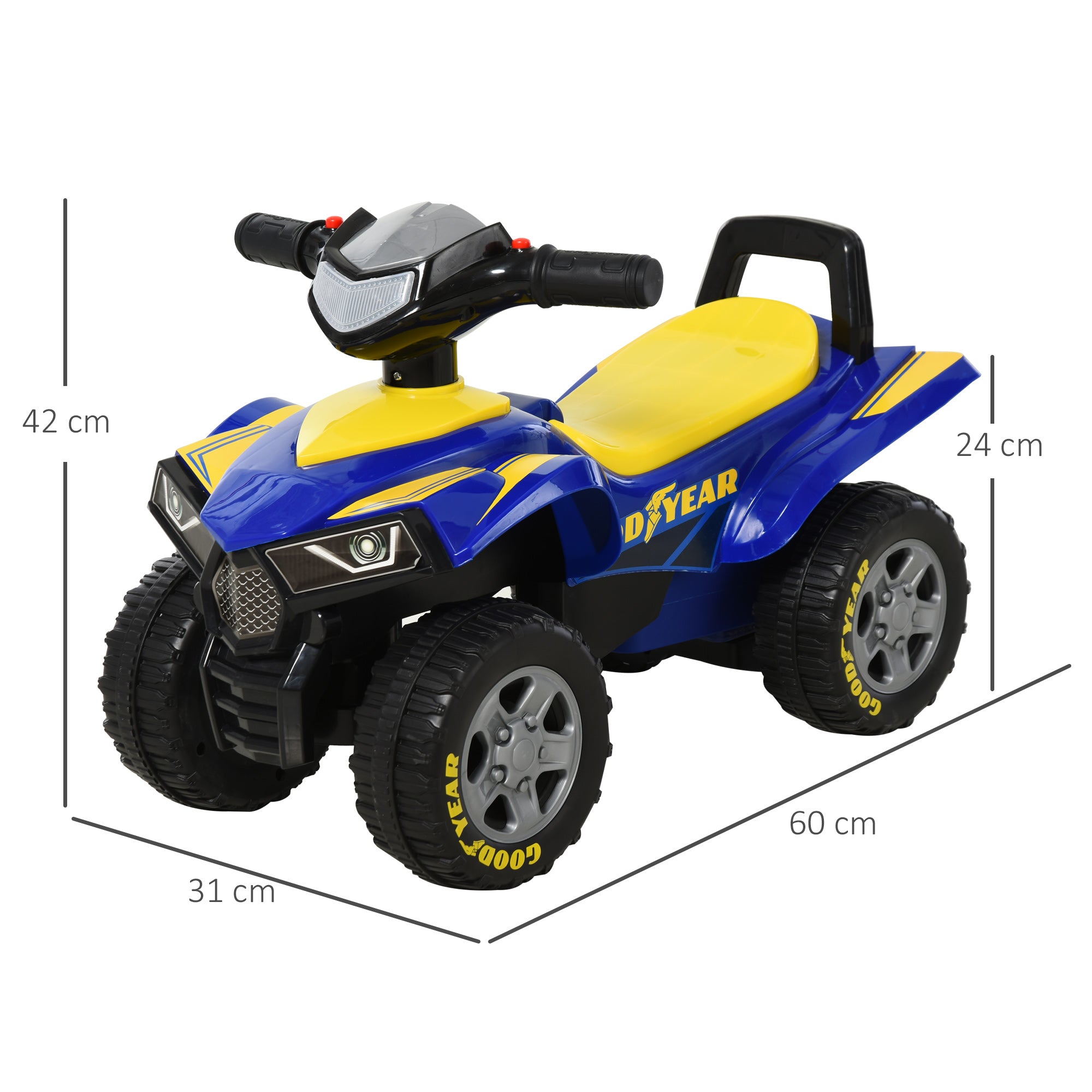 HOMCOM Baby Quad Bike Kids Ride On Car Goodyear Licensed Walker Foot To Floor Slider NO POWER w/ Lights Horn Storage Blue for 18-36 Months - North Peak Garden Furniture