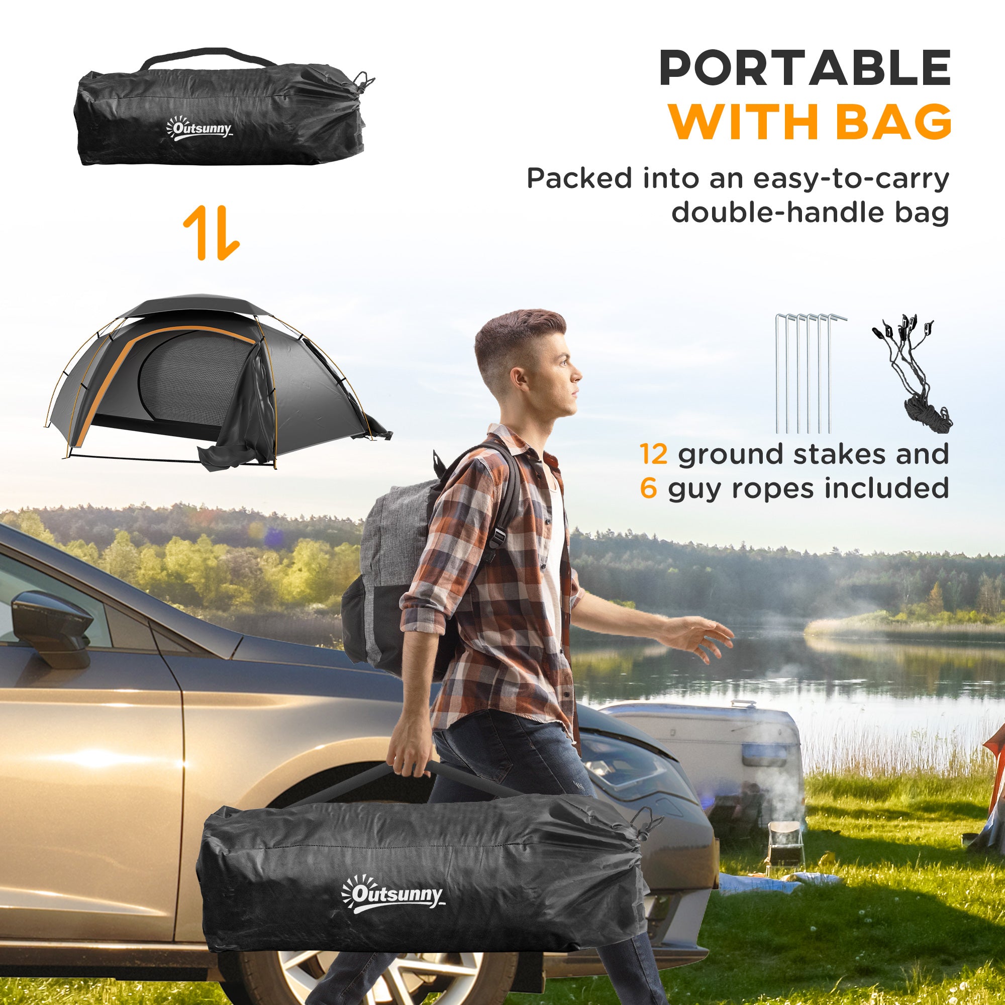 Outsunny Aluminium Frame Camping Tent Dome Tent with Removable Rainfly, 2000mm Waterproof, for 1-2 Man, Grey - North Peak Garden Furniture