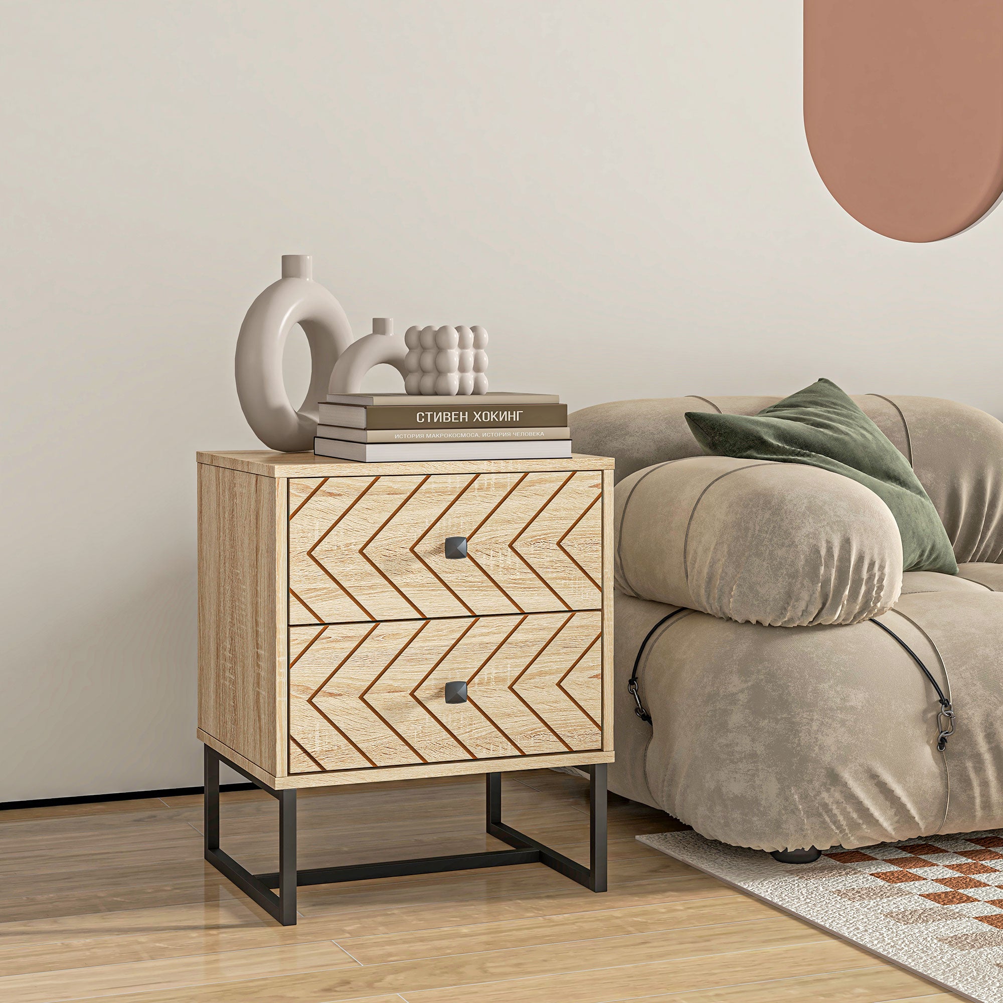 HOMCOM Bedside Table Nightstand Two-Drawer Bedroom Storage Unit Zig Zag Design with Black Metal Handles, Natural - North Peak Garden Furniture