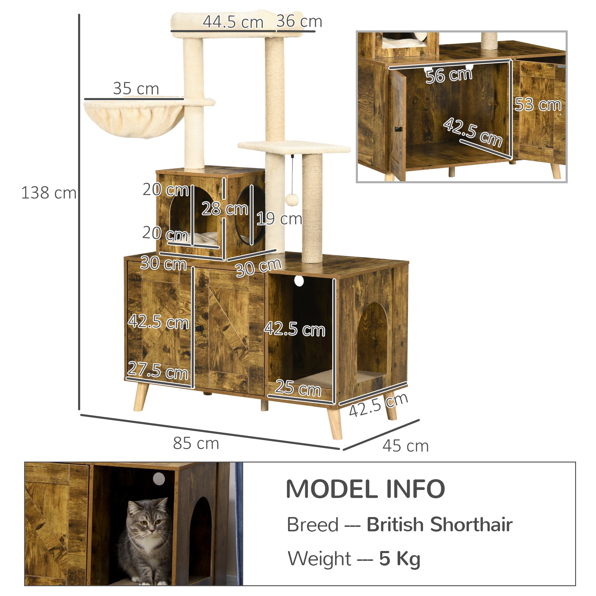 PawHut Cat Litter Box Enclosure, with Tree Tower, Cat House, Hammock, Cushion - Rustic Brown - North Peak Garden Furniture