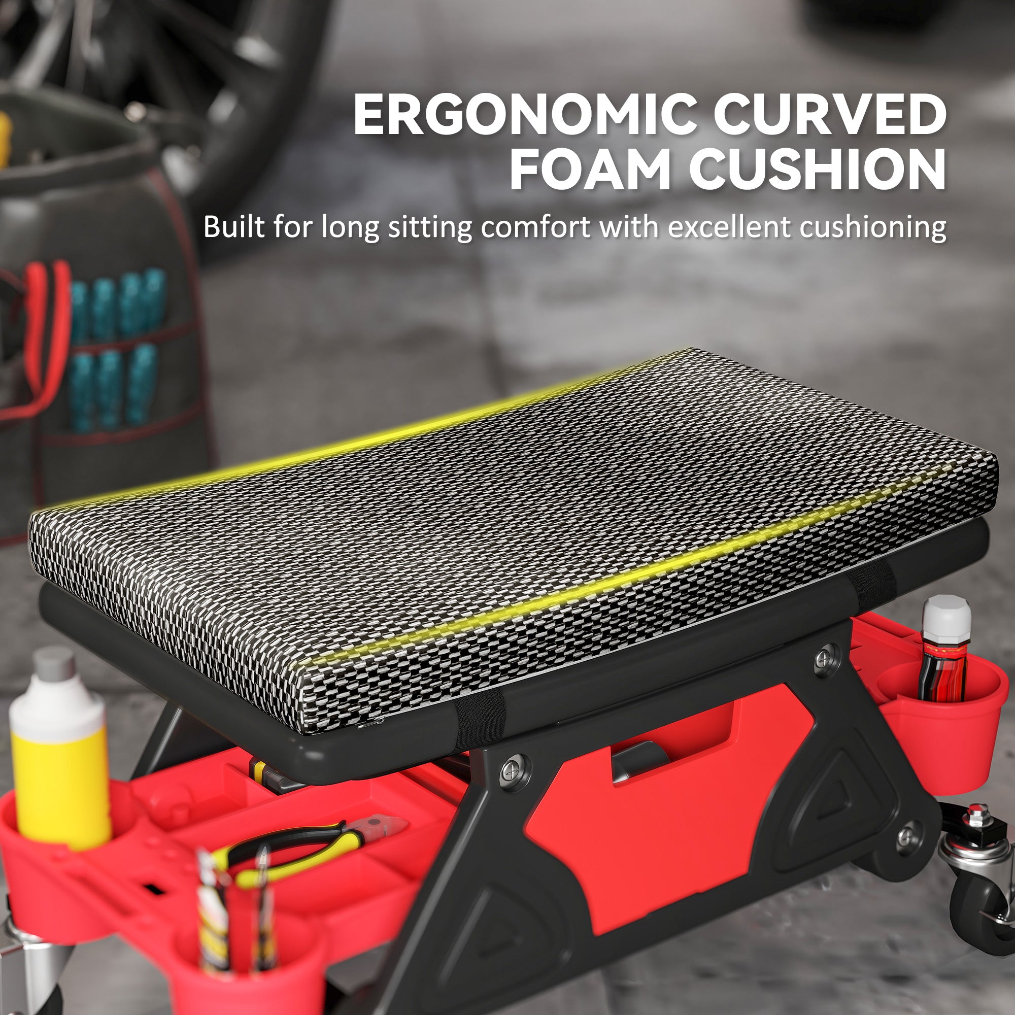 HOMCOM Rolling Mechanic Stool, 135kg Capacity Workshop Stool, 360° Swivel Roller Padded Creeper Seat with Wheels, Slide Out Tool Trays and Drawer for Garage, Shop, Auto Repair, Black