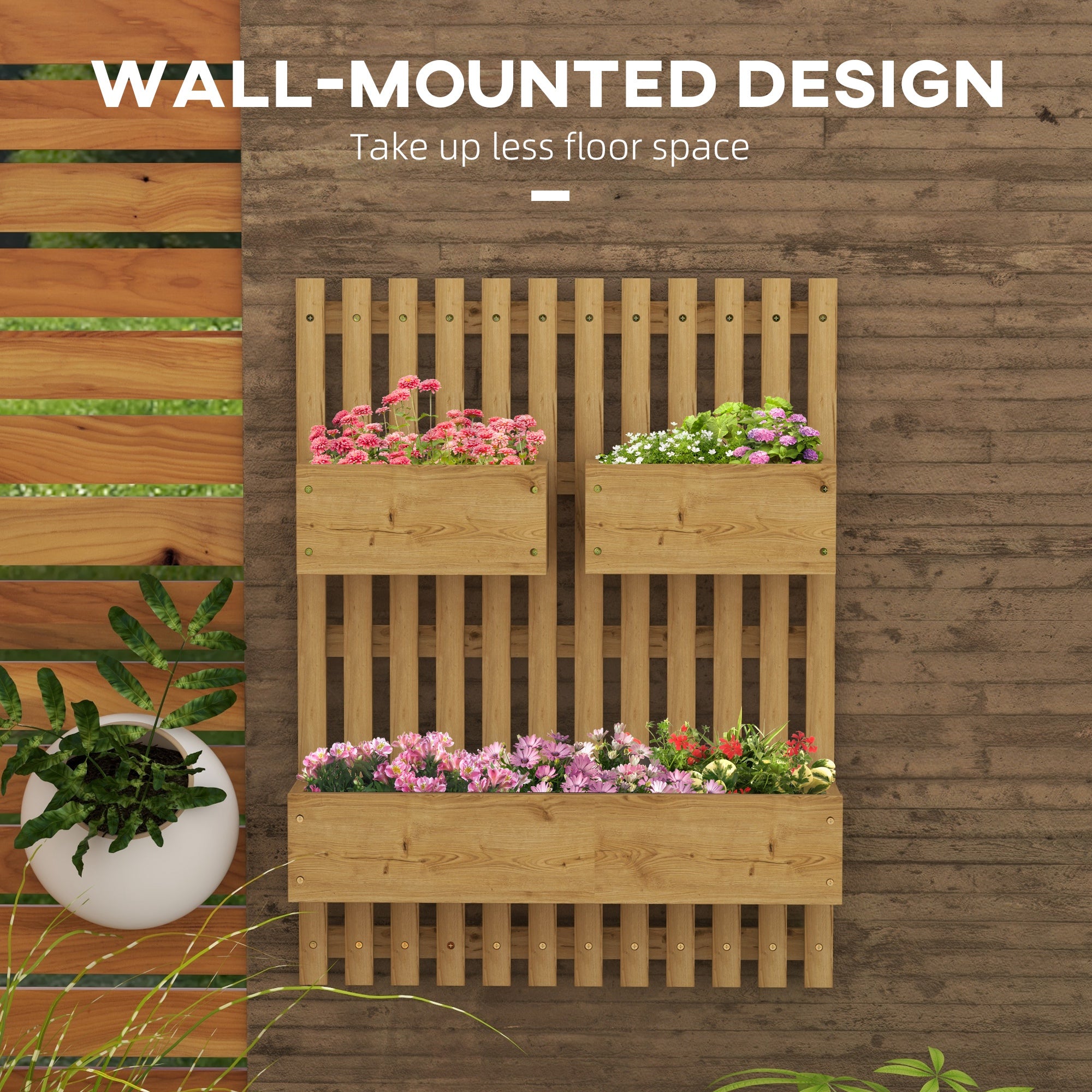 Outsunny Wall-mounted Wooden Garden Planters with Trellis, Drainage Holes and 3 Planter Boxes for Patio, Carbonised - North Peak Garden Furniture