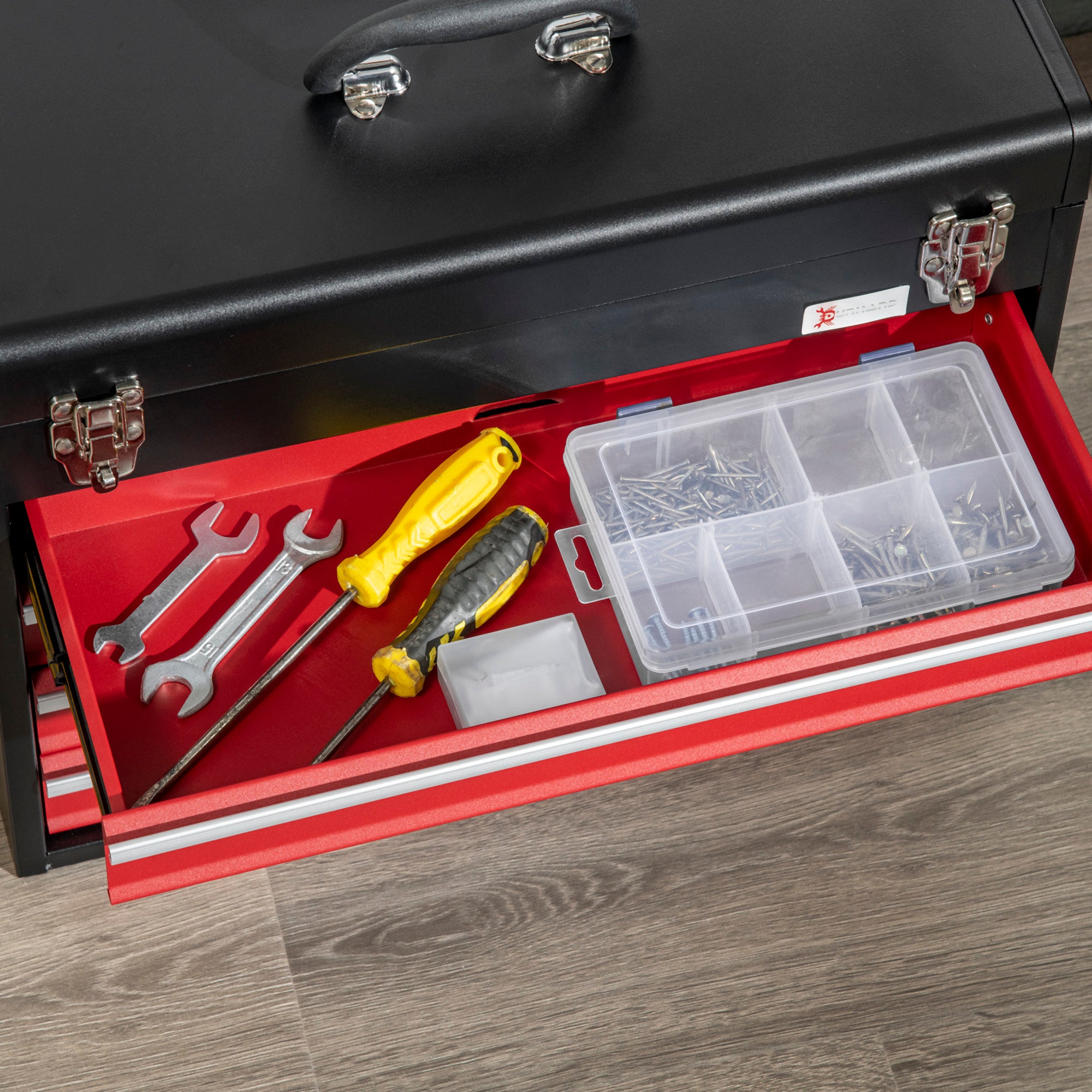 DURHAND 4 Drawer Tool Chest, Lockable Metal Tool Box with Ball Bearing Runners, Portable Toolbox, 510mm x 220mm x 395mm, Black - North Peak Garden Furniture
