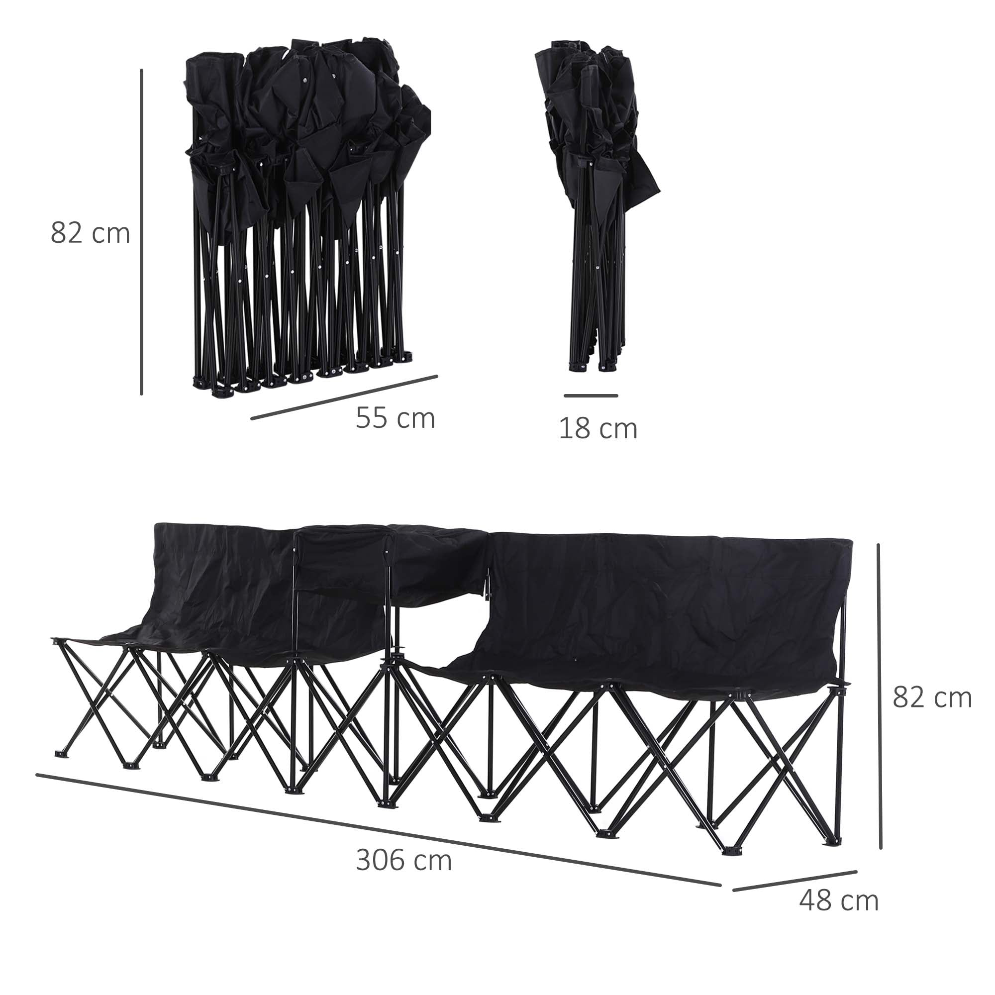 Outsunny 6 Seat Folding Sports Bench Portable Sports Team Bench Spectator Chair with Cooler Bag and Carrying Bag for Outdoor Picnic Camping - Black - North Peak Garden Furniture