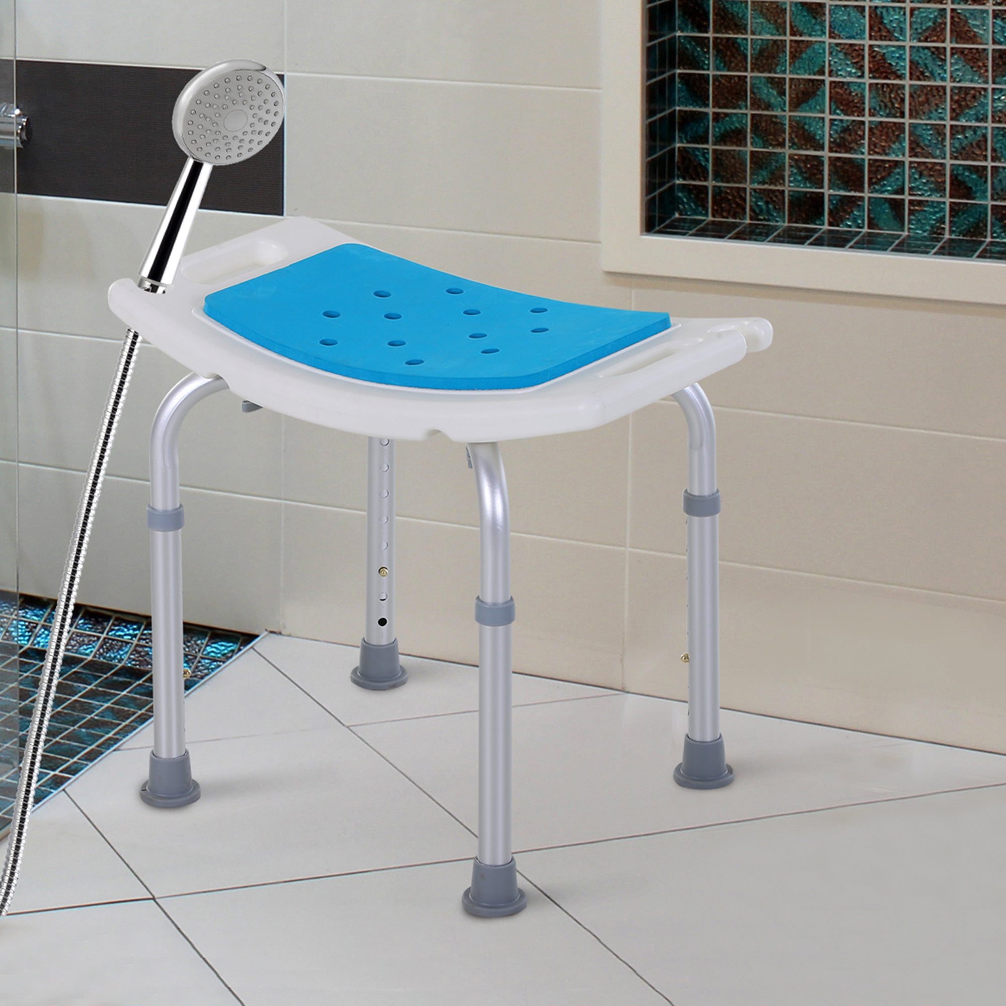 HOMCOM 6-Level Height Adjustable Aluminium Bath Room Stool Chair Shower Non-Slip Design w/ Padded Seat Drainage Holes Foot Pad, Blue - North Peak Garden Furniture