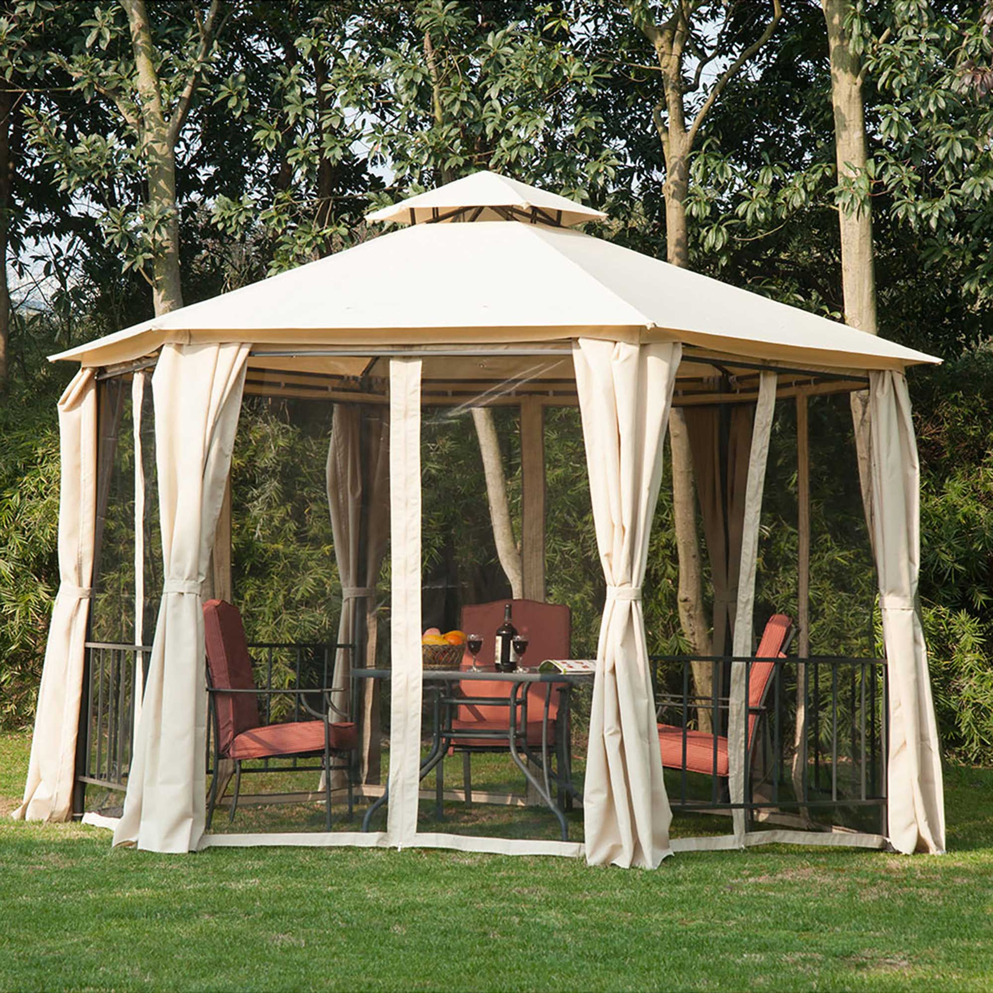 Outsunny 3 x 3(m) Hexagon Gazebo Patio Canopy Party Tent Outdoor Garden Shelter w/ 2 Tier Roof & Side Panel - Beige