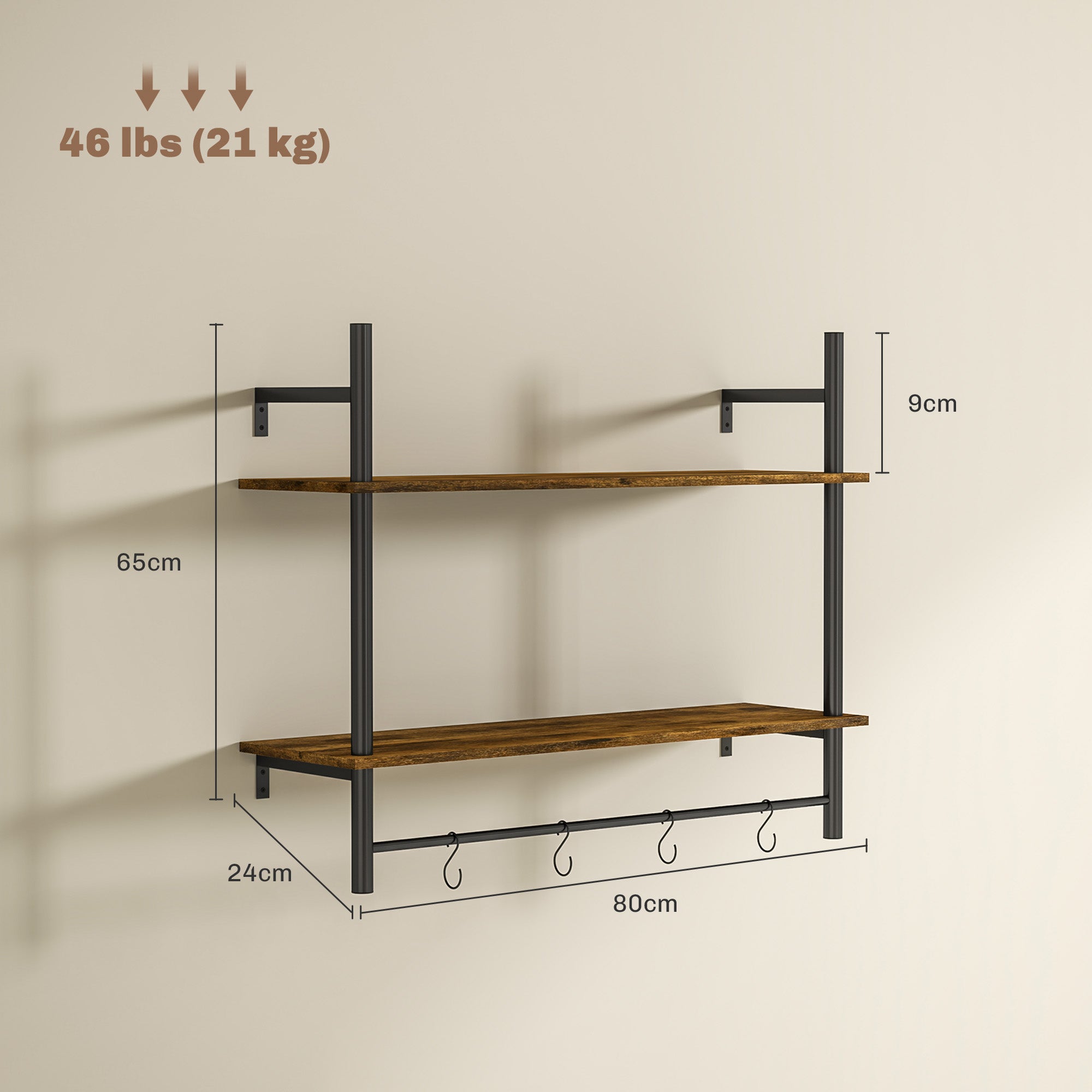 HOMCOM Wall Mounted Floating Shelves with 4 Hooks, Rustic Wall Shelf Unit for Living Room, Entryway, Rustic Brown - North Peak Garden Furniture