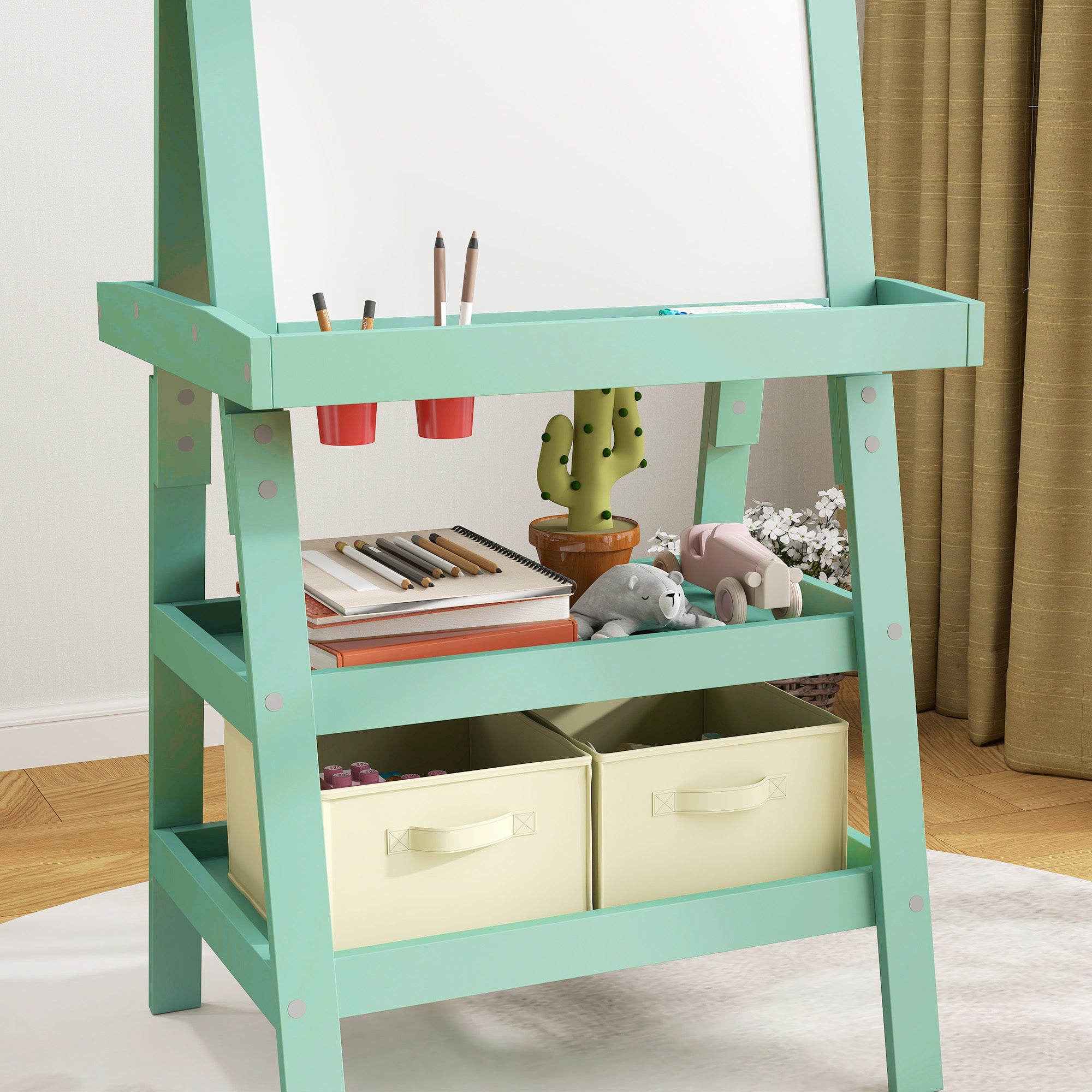 AIYAPLAY 3 in 1 Kids Easel Double-Sided Magnetic Whiteboard and Chalkboard with Paper Roll, Storage Baskets - Green - North Peak Garden Furniture