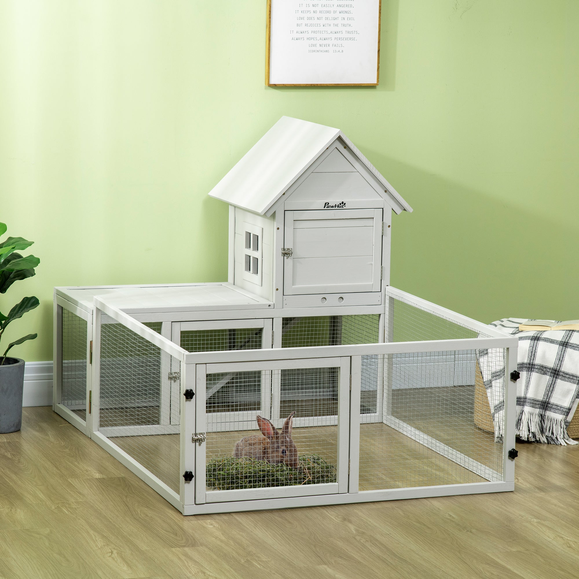PawHut Indoor Rabbit Hutch, Guinea Pig Cage, with Slide-Out Tray, Large Fenced Area - Light Grey - North Peak Garden Furniture