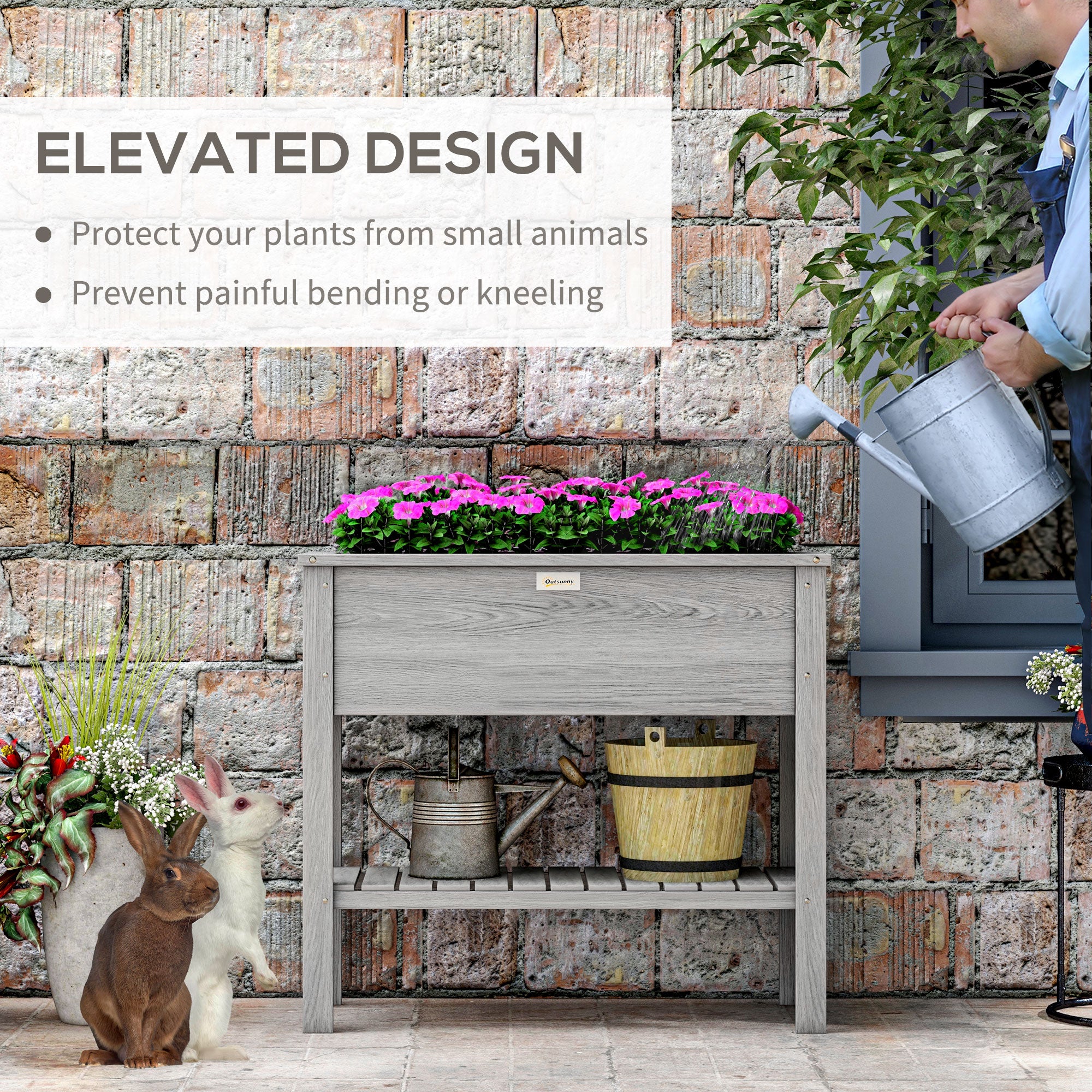 Outsunny Wooden Raised Garden Bed, Elevated Planter Box with Storage Shelf and Drainage Holes, Raised Planter with Legs, Grey