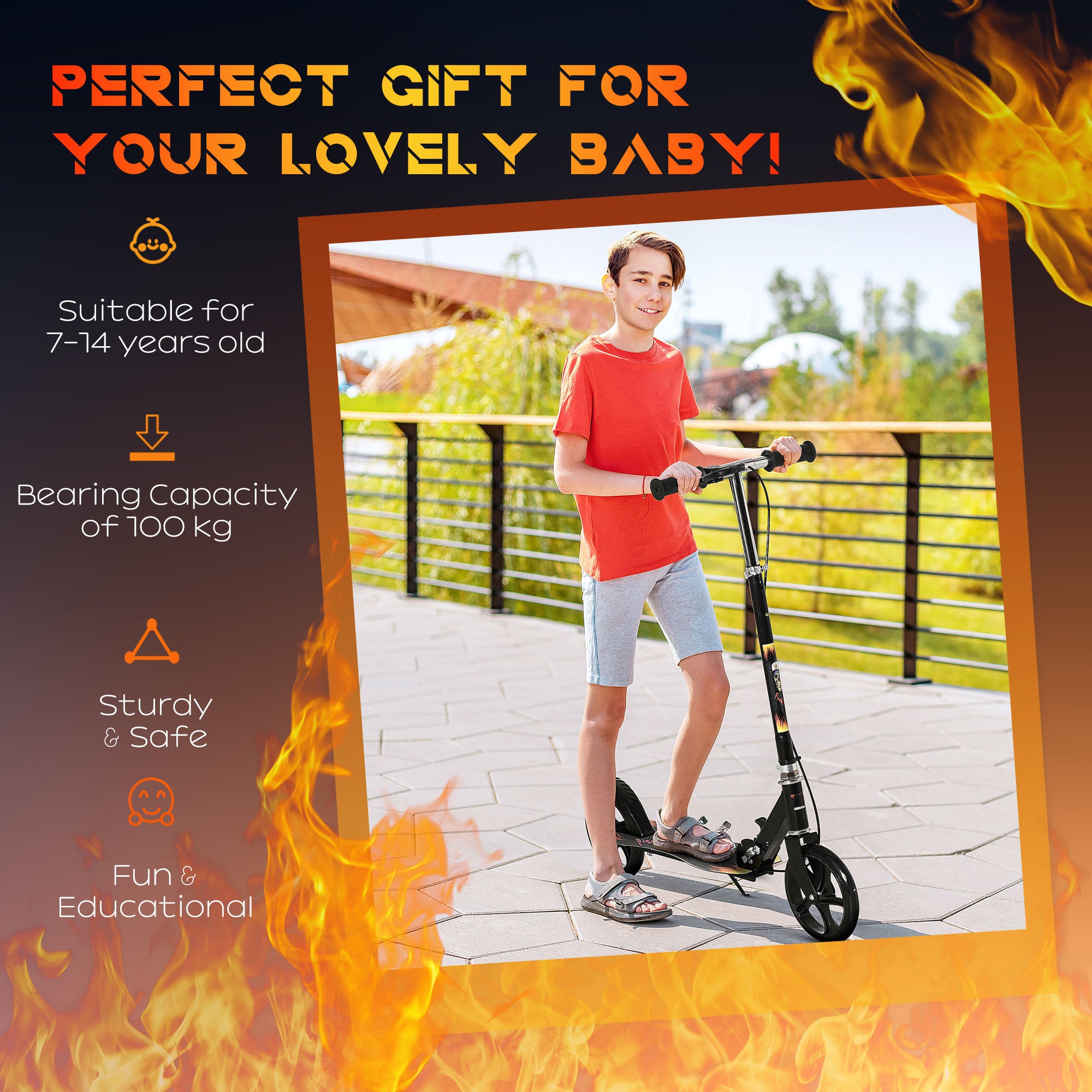 HOMCOM Kids Foldable Kick Scooter w/ Adjustable Height, Break, Big Wheels, for Ages 7-14 Years - Black - North Peak Garden Furniture