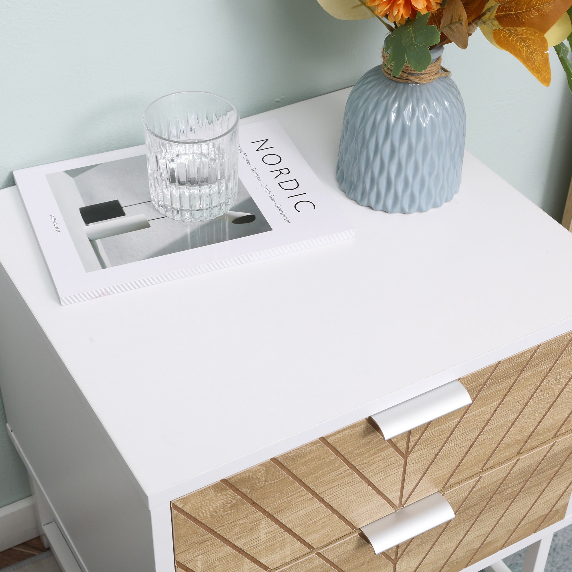 HOMCOM Modern Bedside Table with 2 Drawers and Metal Frame, Sofa Side Table for Bedroom Living Room, Set of 2, White and Oak - North Peak Garden Furniture