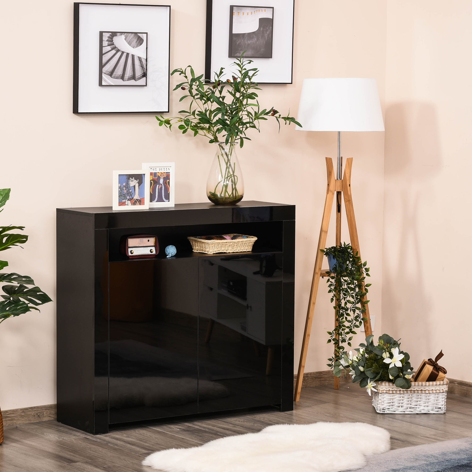 HOMCOM LED Storage Cabinet, Cupboard with High Gloss Front and RGB Lighting, Modern Sideboard for Entryway, Dining Area, Living Room, Black - North Peak Garden Furniture