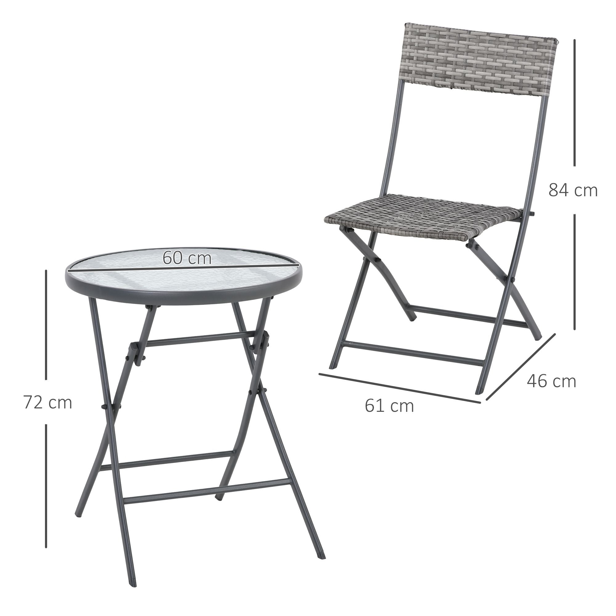 Outsunny 3 Pieces Rattan Bistro Set, Wicker Folding Garden Furniture Set with Glass Top Coffee Table and Chairs for Outdoor, Patio, Balcony, Grey - North Peak Garden Furniture