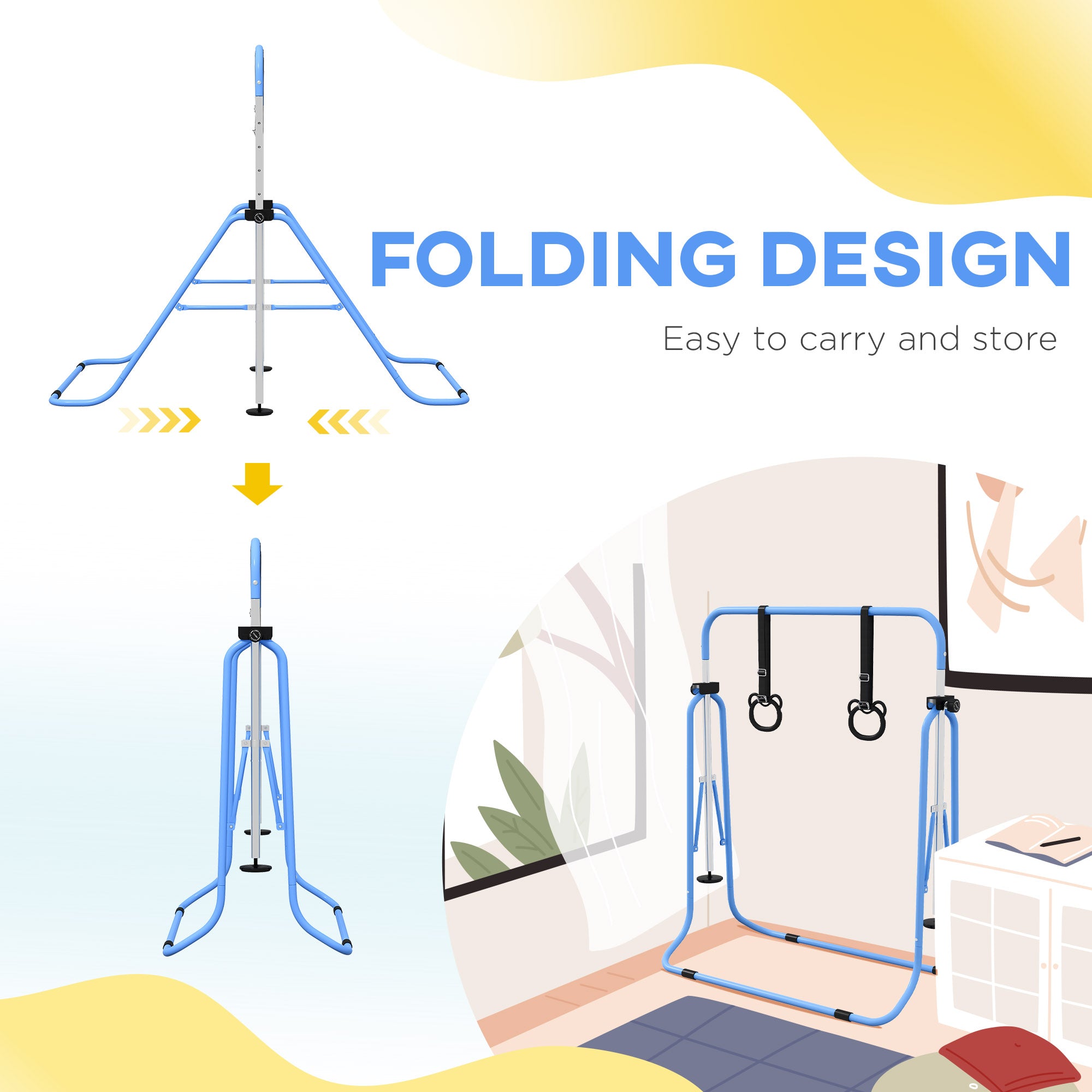 HOMCOM Adjustable Height, Foldable Kids Gymnastics Bar w/ Non-Slip Mats, for 3+ Years, Blue - North Peak Garden Furniture