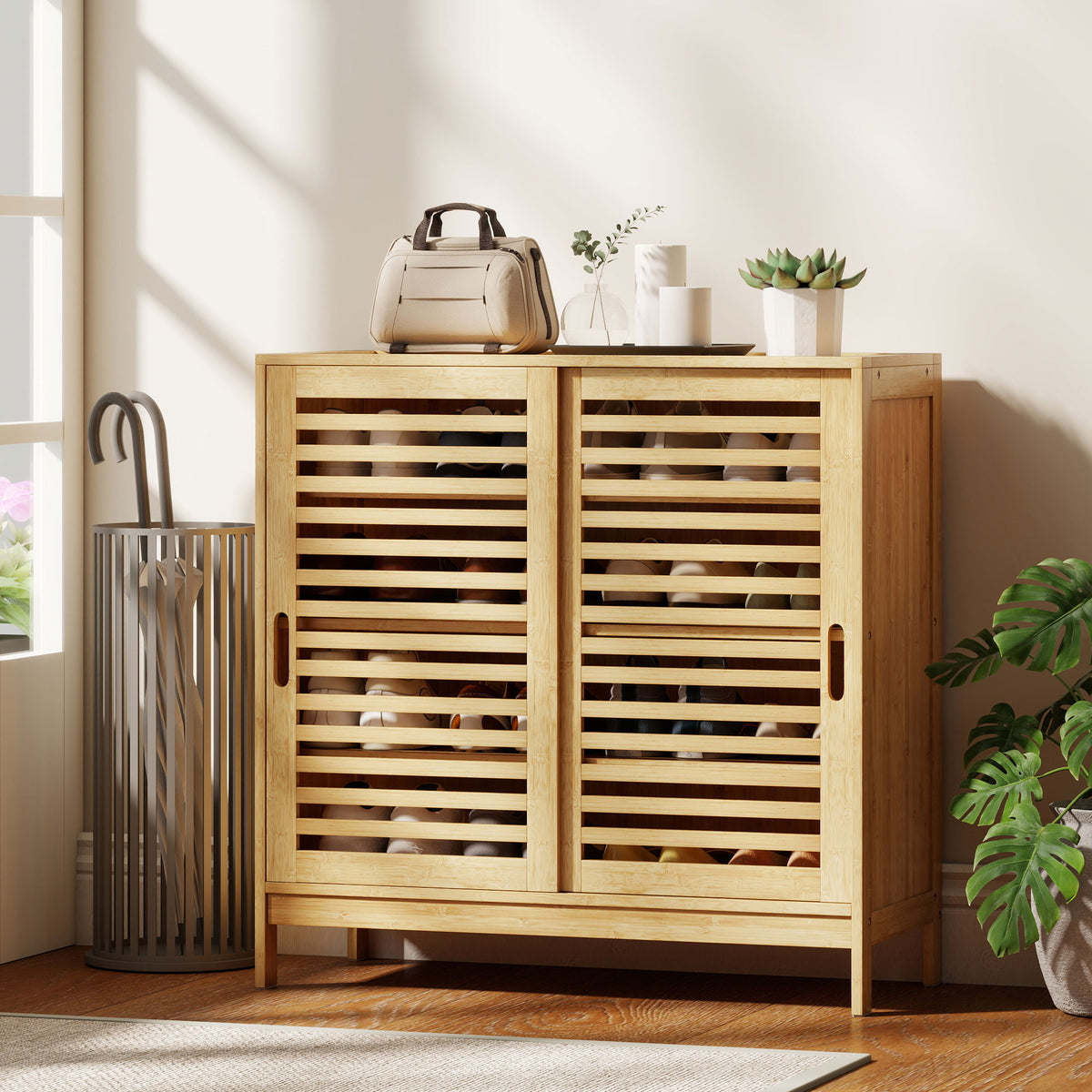 HOMCOM Bamboo Shoe Cabinet with 2 Sliding Slat Doors, 16Pairs, Adjustable Shelves, Natural