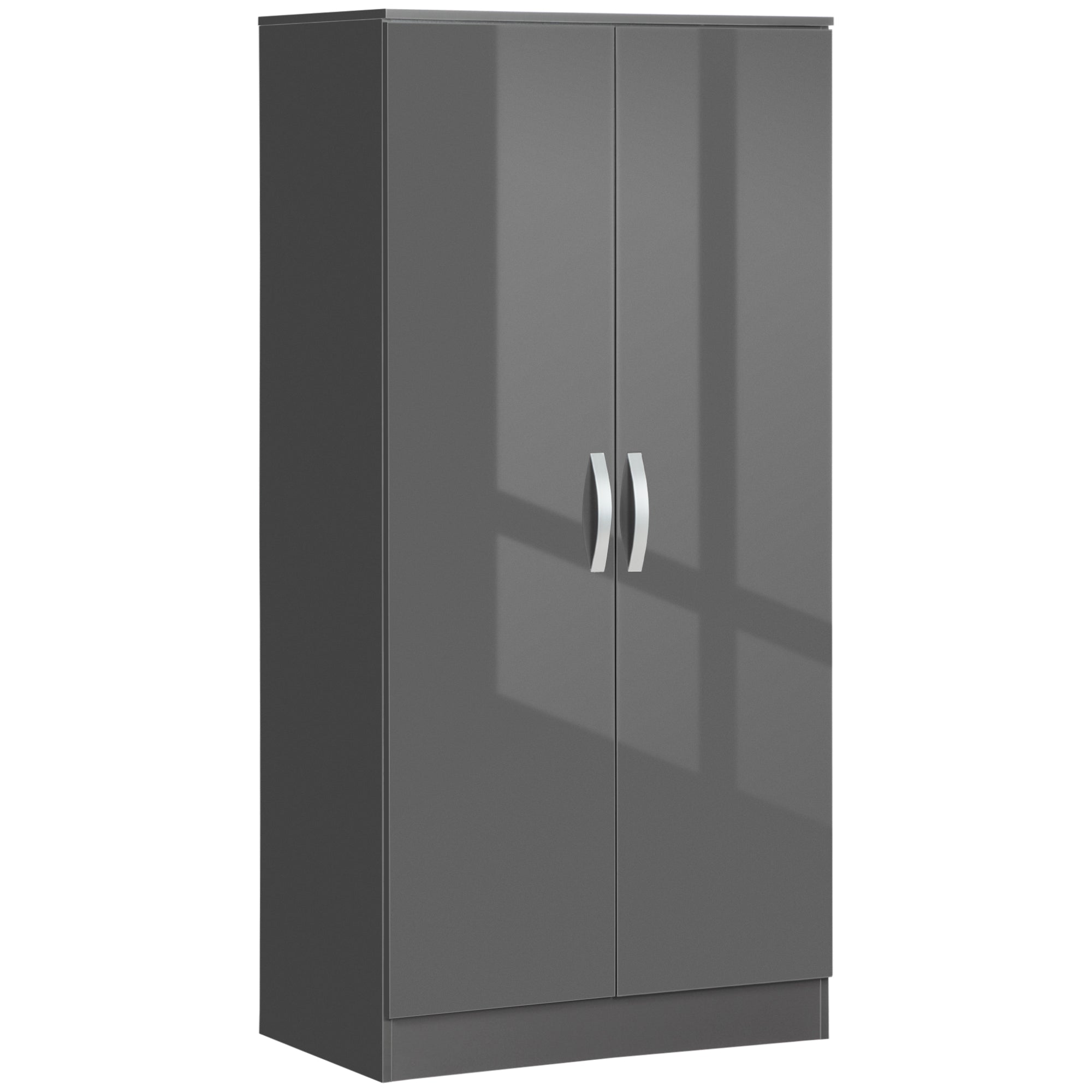 HOMCOM High Gloss Wardrobe, 2 Door Wardrobe with Hanging Rod and Storage Shelf, Clothes Storage Organizer with Anti-tipping Design for Bedroom, Grey - North Peak Garden Furniture
