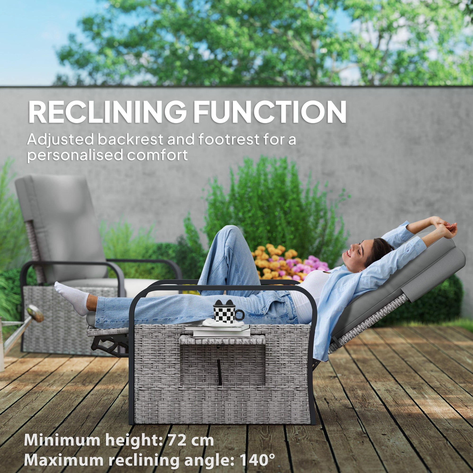 Outsunny 140° Reclining Rattan Armchair - Mixed Grey - North Peak Garden Furniture
