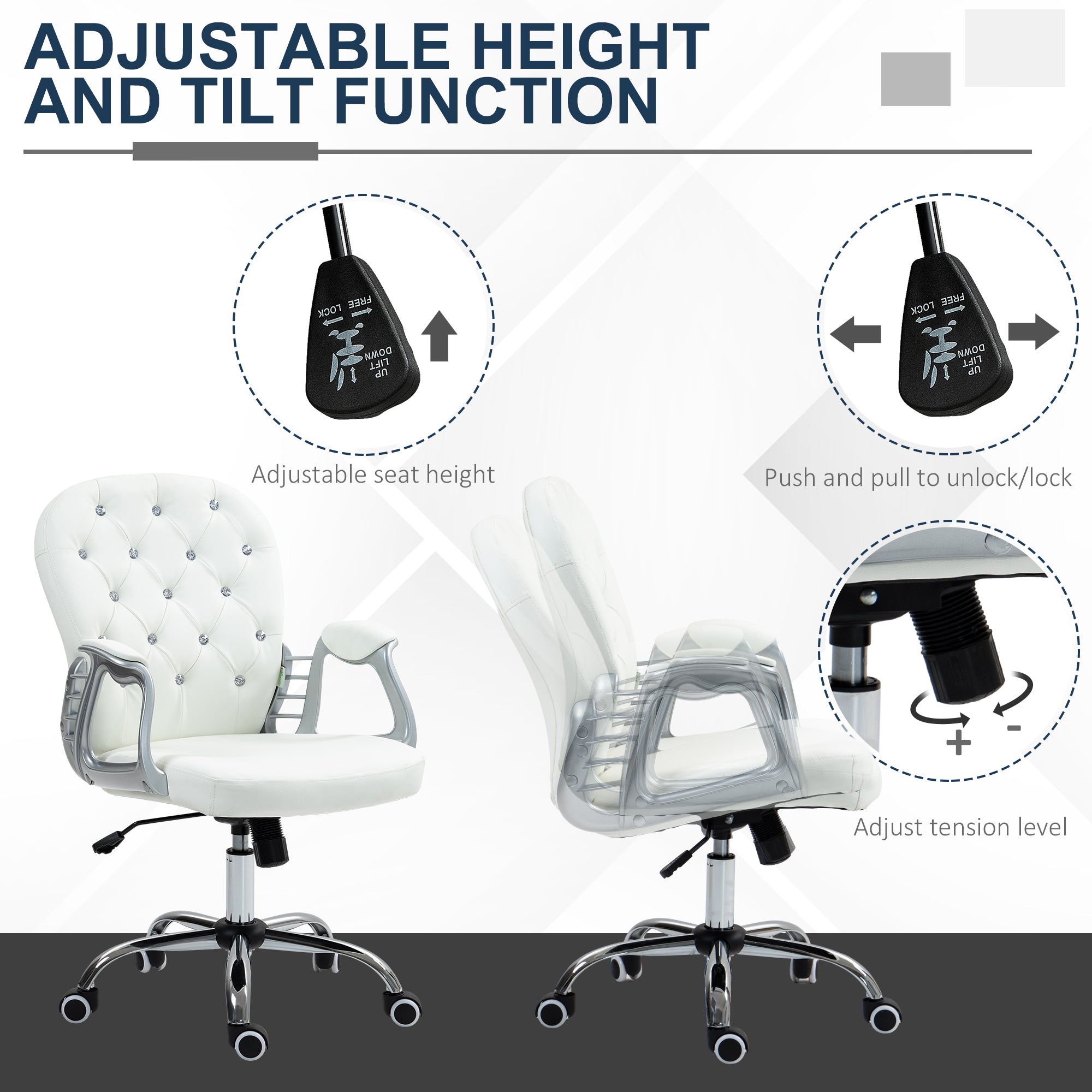 Vinsetto Office Chair Ergonomic 360° Swivel PU Diamante Padded Base 5 Castor Wheels for Home Work White - North Peak Garden Furniture