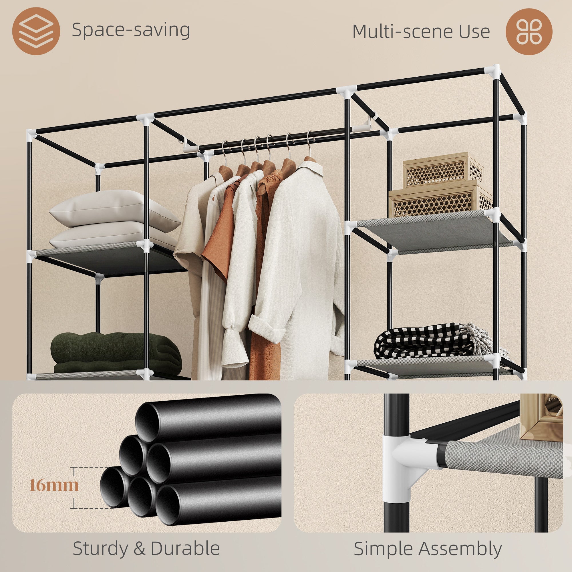HOMCOM Clothes Storage Organiser with Hanging Rail, Shelves, Portable Wardrobe, Foldable Fabric Wardrobe, Light Grey