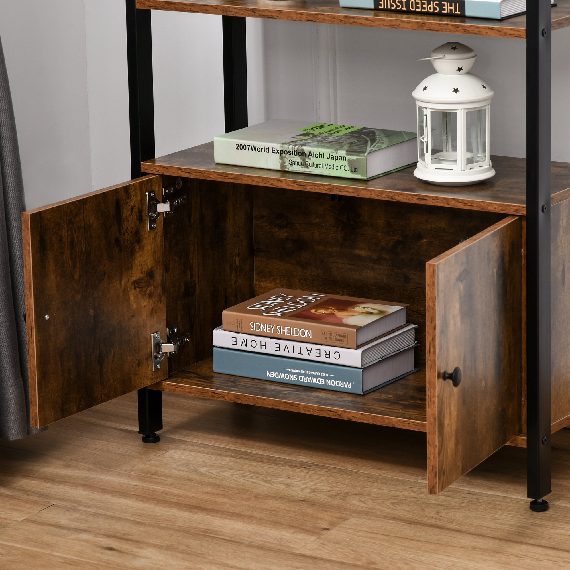 HOMCOM Industrial Bookshelf, Storage Cabinet with 3-Tier with Doors, for Home Office, Living Room Rustic Brown - North Peak Garden Furniture