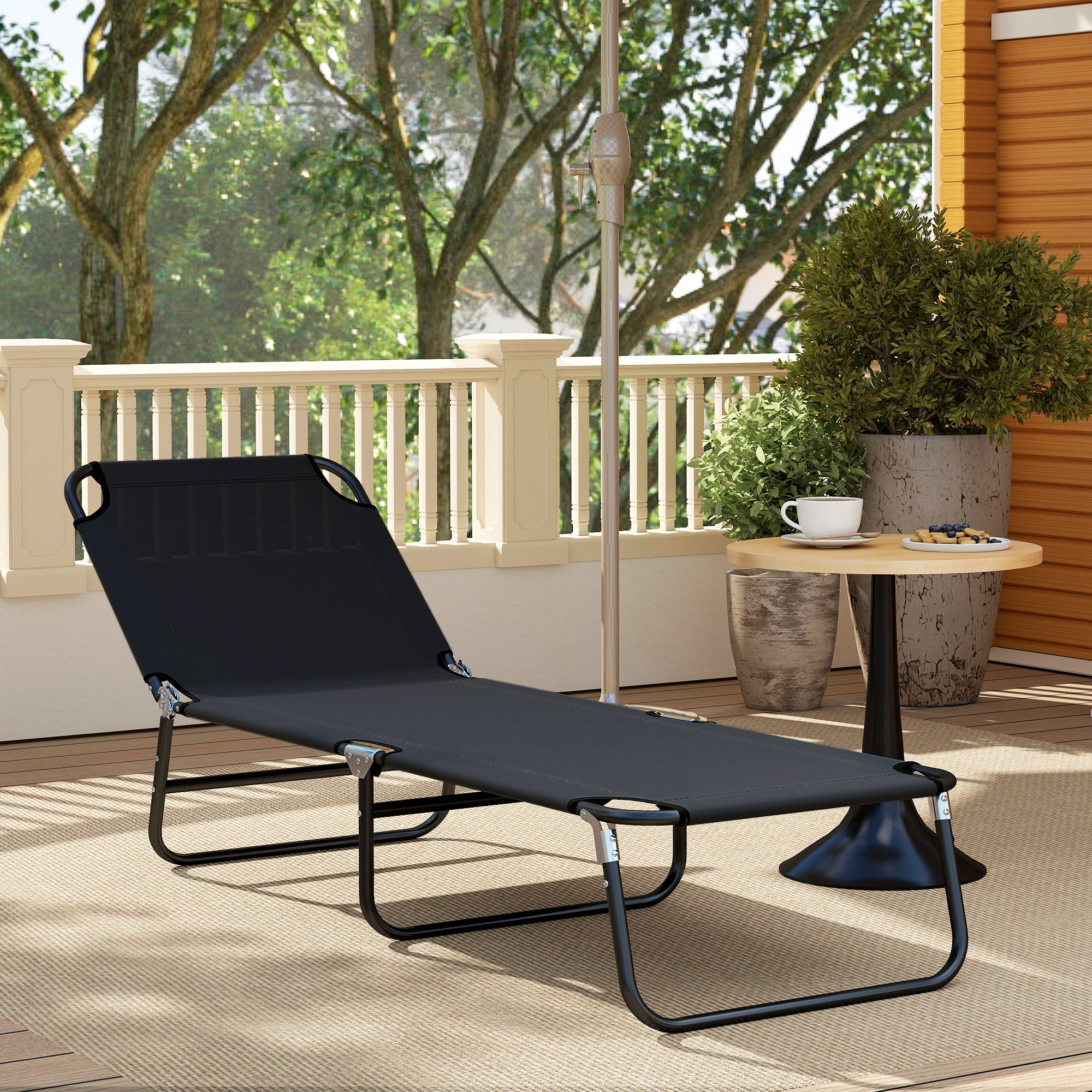 Outsunny Foldable Sun Lounger with 5-Position Adjustable Backrest, Outdoor Portable Recliner Chaise Lounge Chair with Breathable Mesh Fabric, Black