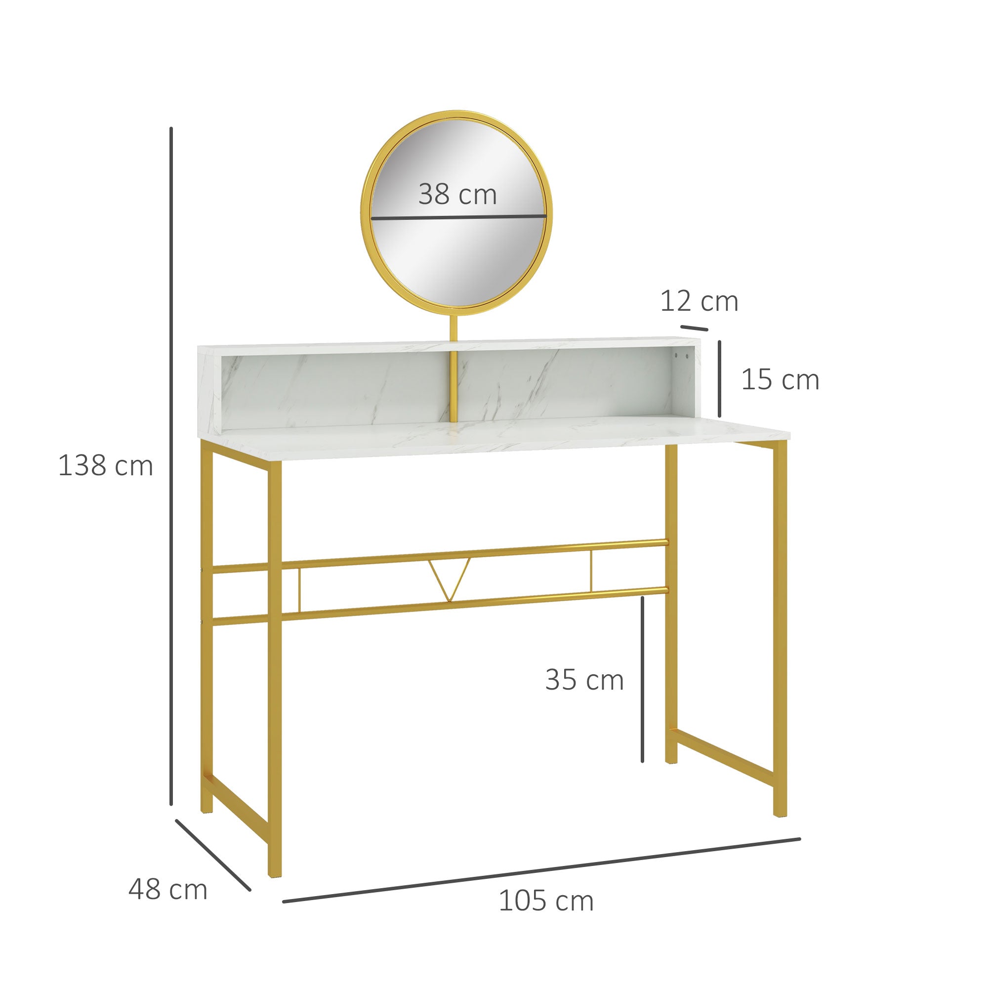 HOMCOM Modern Dressing Table with Round Mirror, Vanity Makeup Desk with Open Storage, Faux Marble Texture and Steel Frame for Bedroom, White