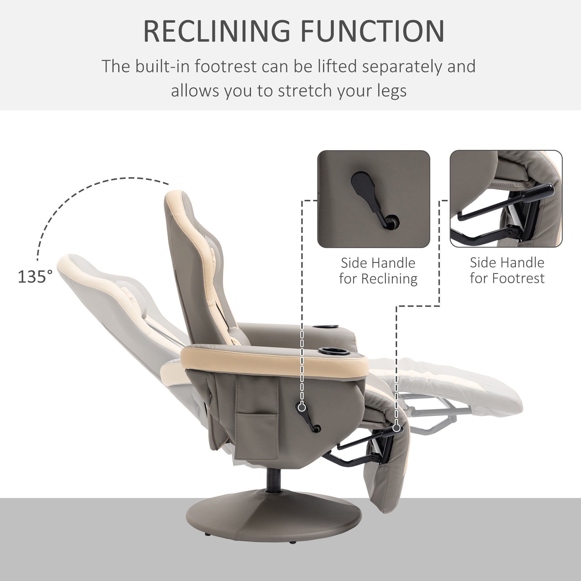 HOMCOM Manual Recliner Armchair PU Leather Lounge Chair w/ Adjustable Leg Rest, 135° Reclining Function, 360° Swivel, Grey