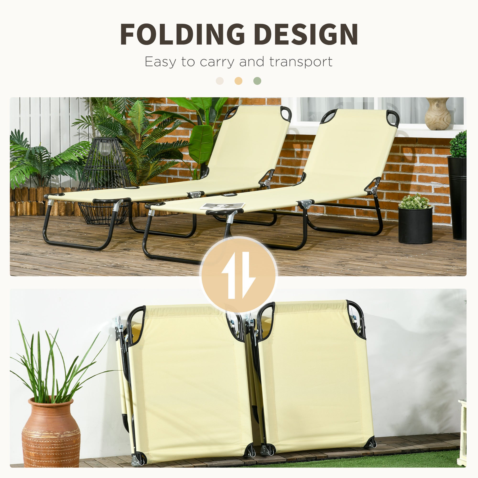 Outsunny Set of Two Metal Frame Folding Sun Loungers - Beige