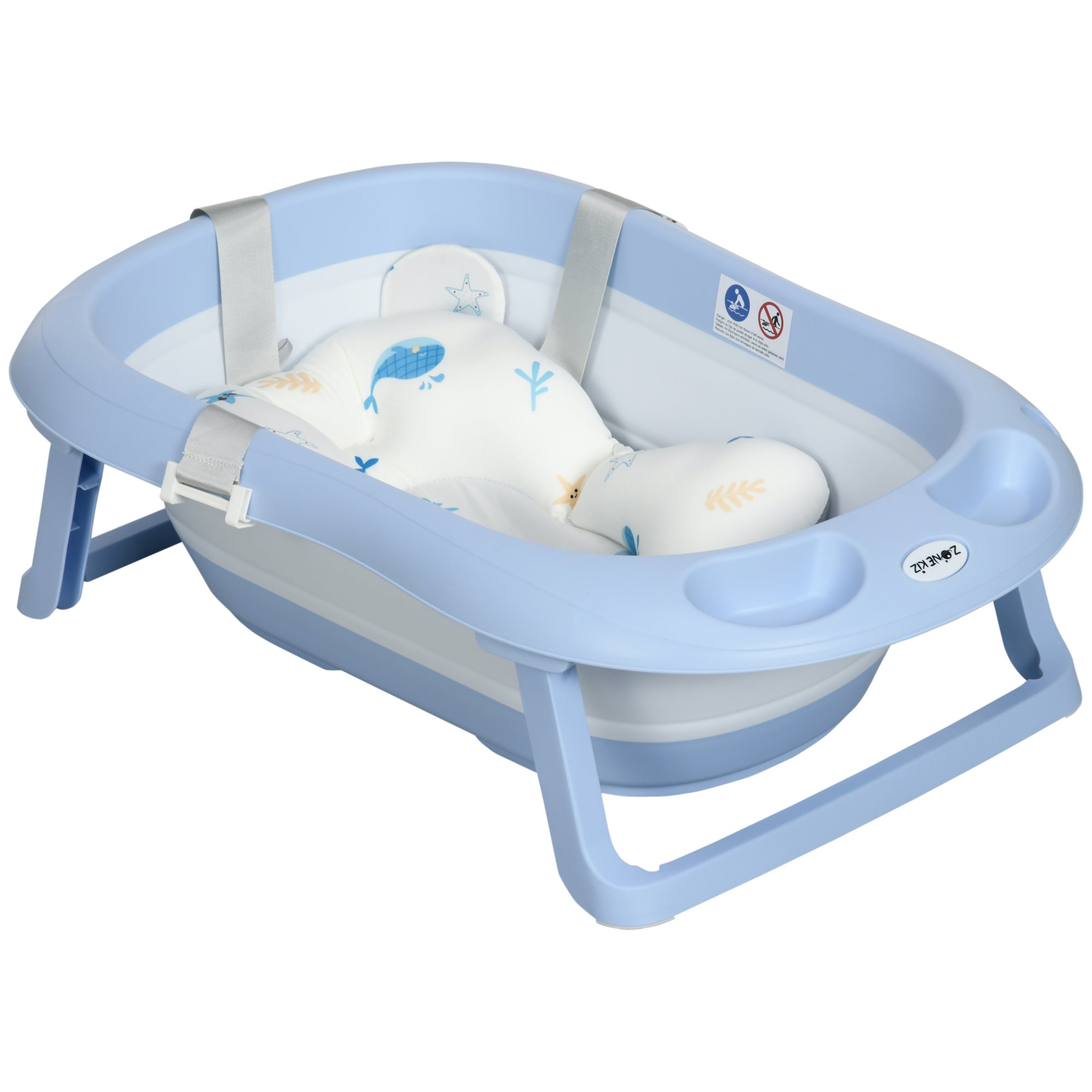 ZONEKIZ Foldable Baby Bathtub, with Non-Slip Support Legs, Cushion Pad, Shower Holder - Blue - North Peak Garden Furniture