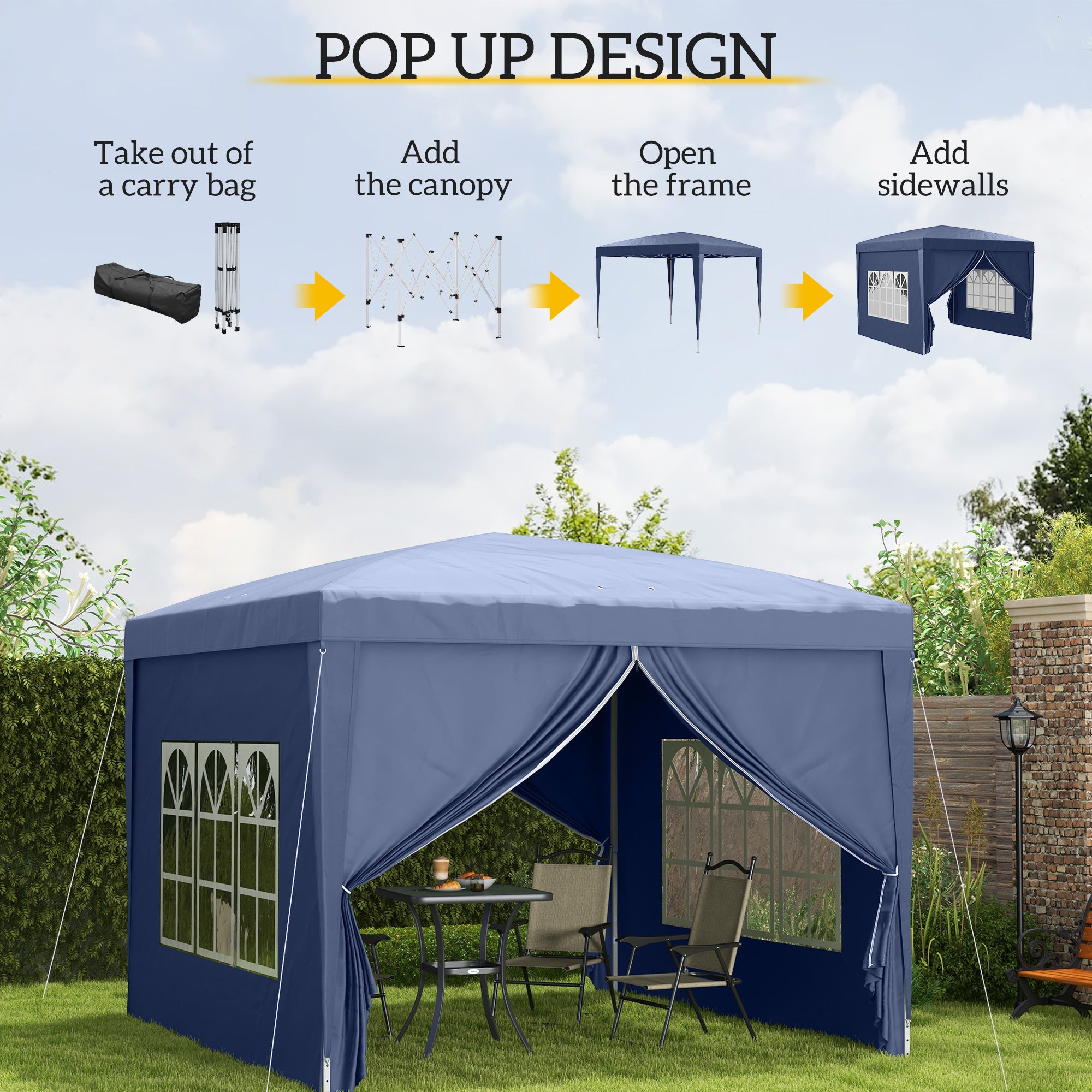 Outsunny 3 x 3(m) Pop Up Gazebo, Water and UV Resistant Party Tent Camping Canopy Marquee with Carry Bag, Blue - North Peak Garden Furniture