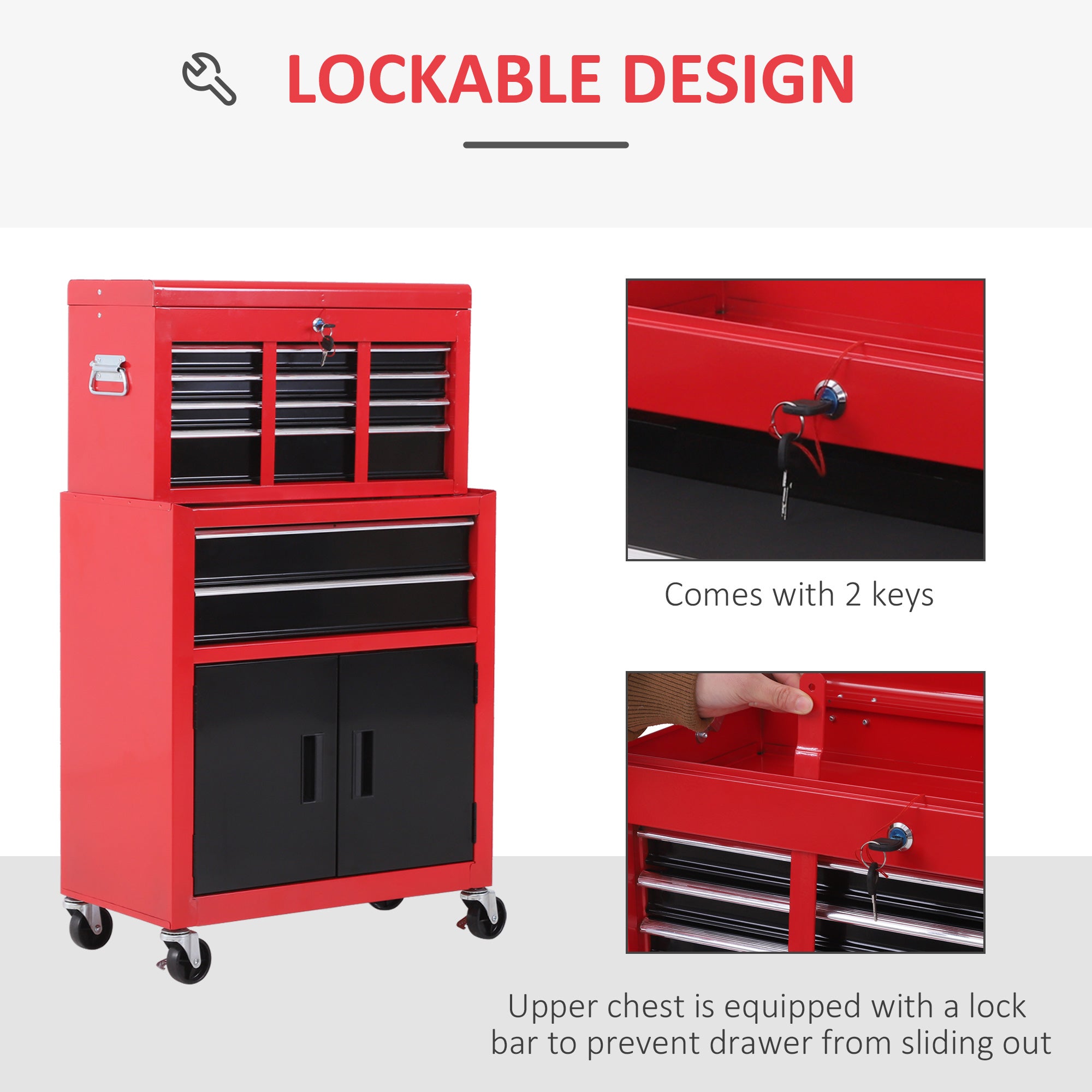 HOMCOM Tool Chest, Metal Tool Cabinet on Wheels with 6 Drawers, Pegboard, Top Chest and Roller Cabinet Combo, 61.6 x 33 x 108cm, Red - North Peak Garden Furniture