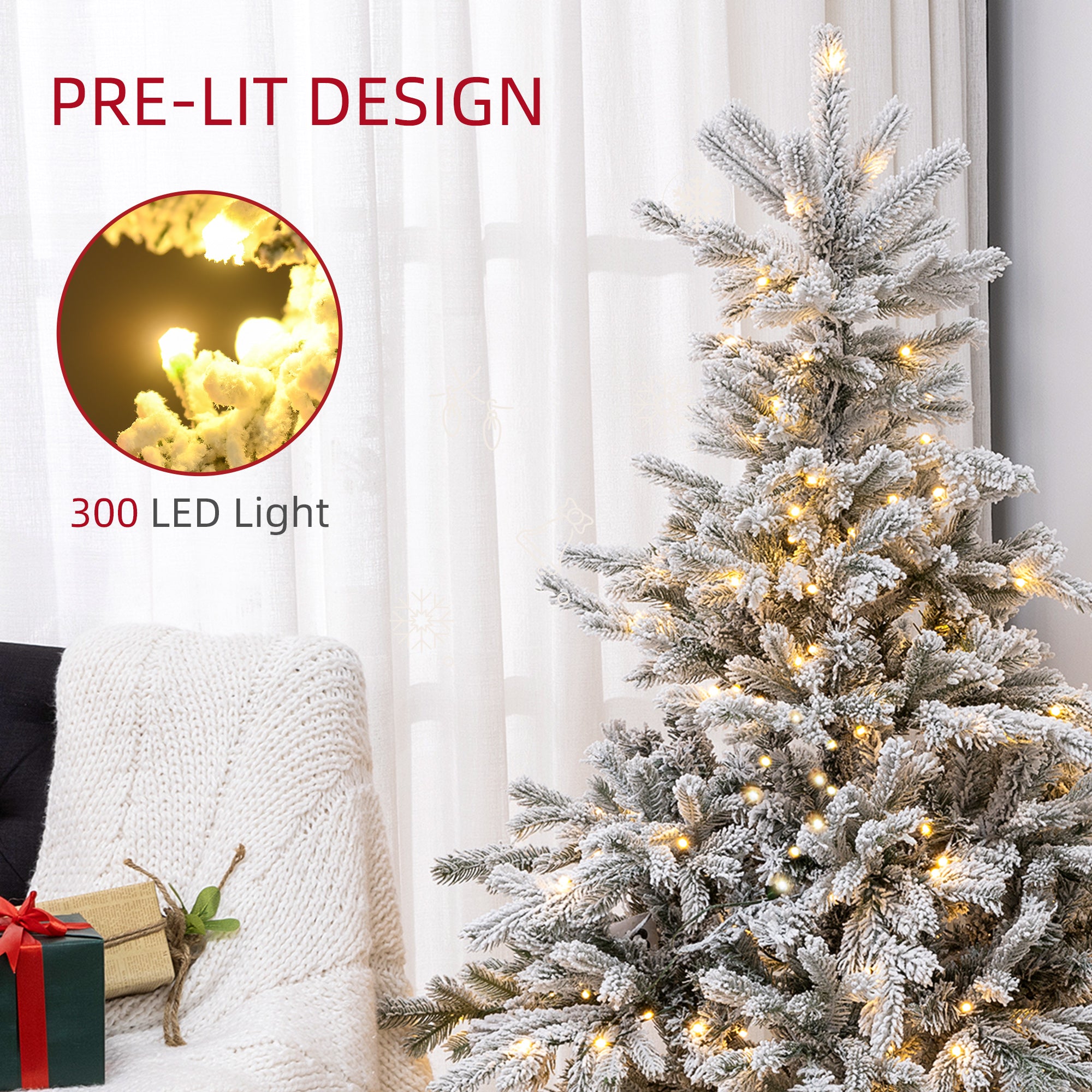 HOMCOM 6ft Bushy Snow-Flocked Artificial Christmas Tree, with LED Lights - North Peak Garden Furniture