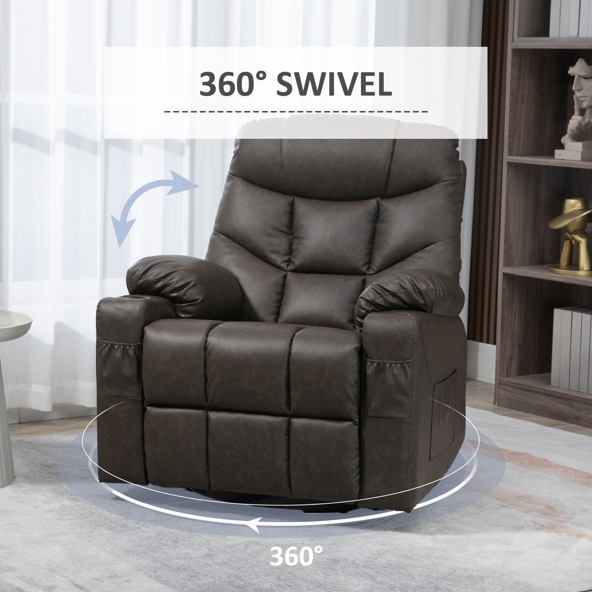 HOMCOM Manual Reclining Chair, Recliner Armchair with Faux Leather, Footrest, Cup Holders, 86x93x102cm, Brown - North Peak Garden Furniture