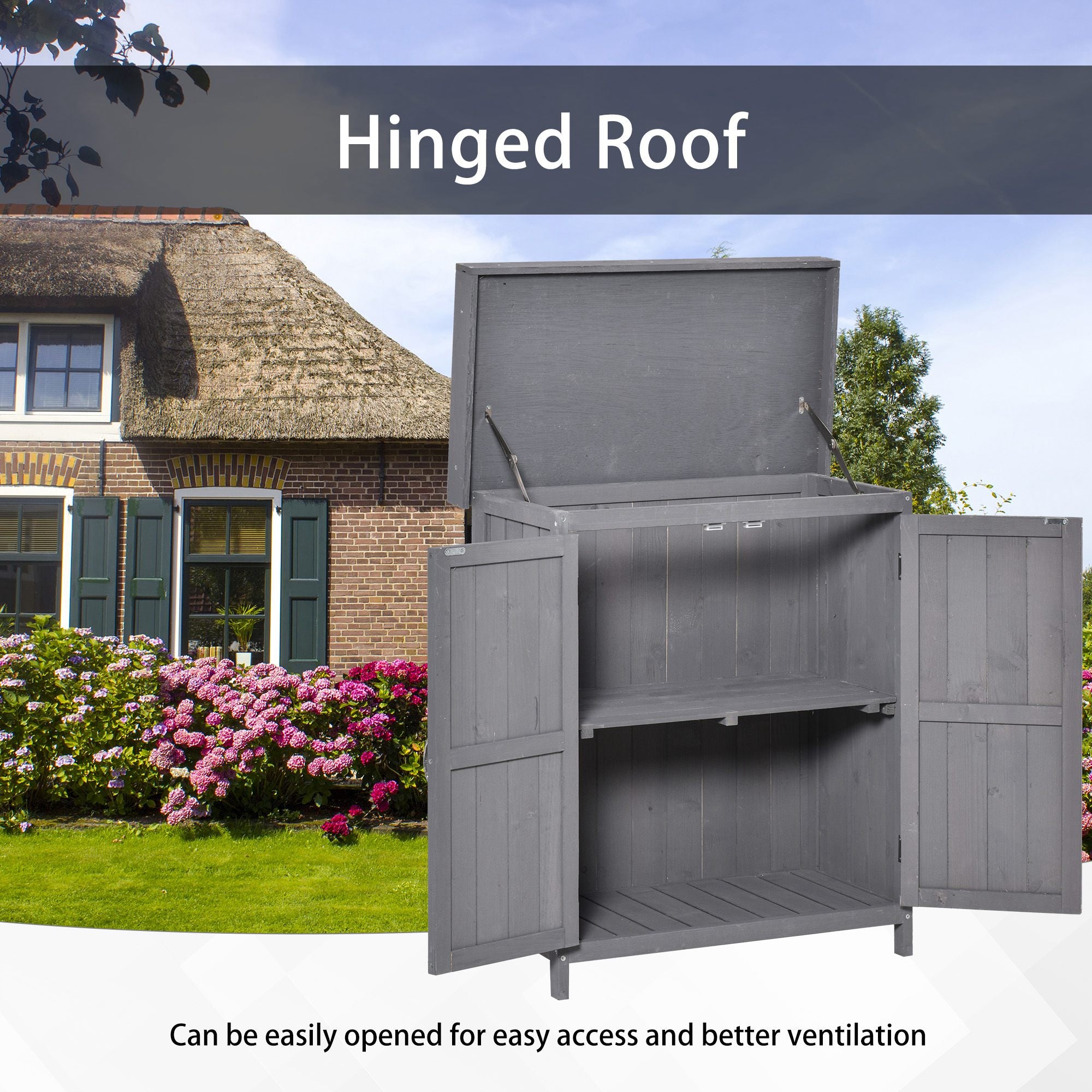 Outsunny Wooden Garden Storage Shed with Hinged Roof and Shelves, Outdoor Storage Cabinet Chest, Double Doors, 74 x 43 x 88cm, Grey - North Peak Garden Furniture