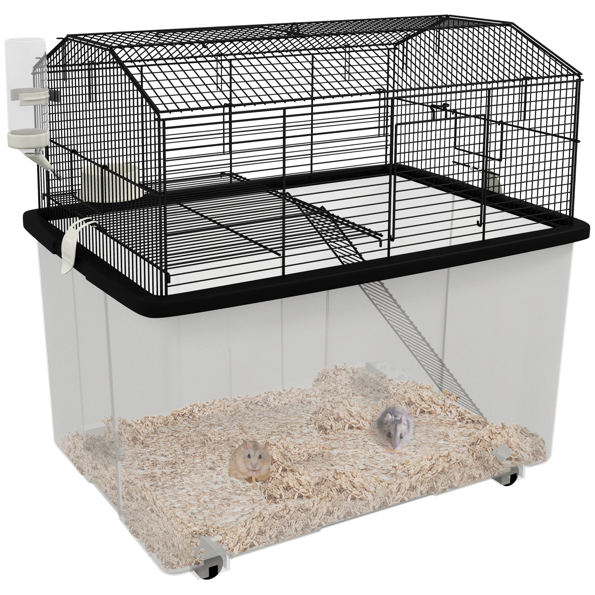 PawHut Two-Tier Gerbil Cage, Hamster Cage for Dwarf Hamster, Syrian Hamster w/ Wheels, Deep Bottom, Food Dish, Water Bottle - North Peak Garden Furniture