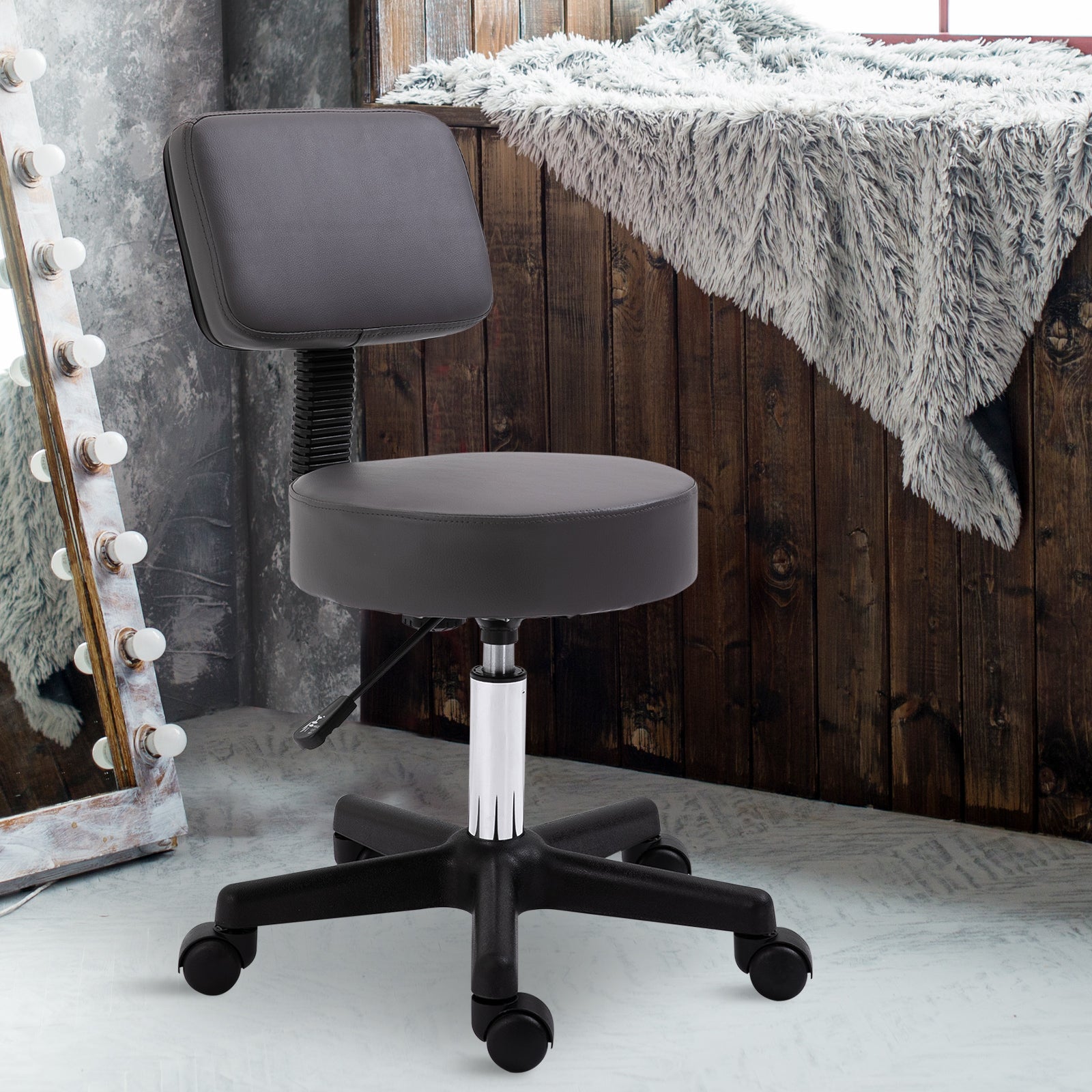 HOMCOM Beautician's Swivel Salon Chair w/ Padded Seat Back 5 Wheels Adjustable Height Salon Hairdressers Tattoo Spa Rolling Cushion Professional 35cm Grey - North Peak Garden Furniture