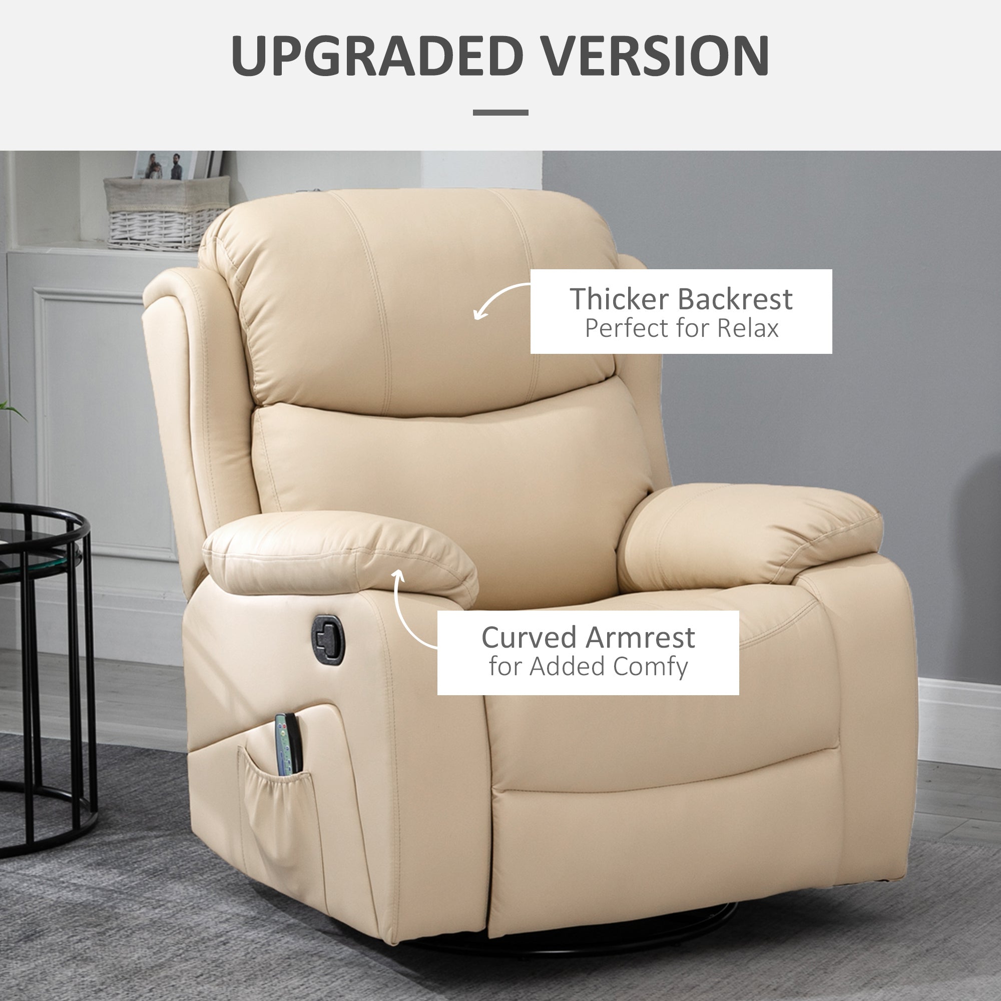 HOMCOM PU Leather Reclining Chair with 8 Massage Points and Heat, Manual Recliner with Swivel Base, Footrest and Remote, Beige