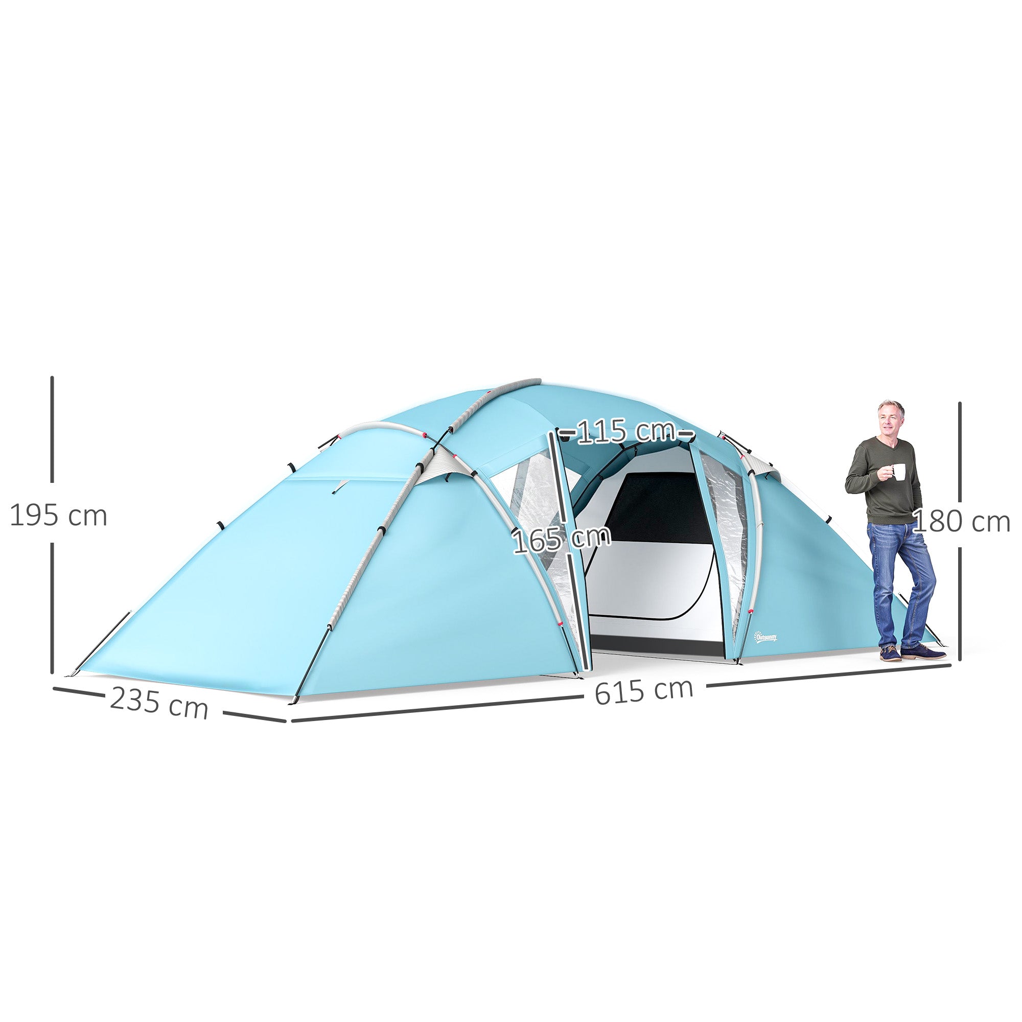 Outsunny 4-6 Man Family Camping Tent w/ 2 Bedrooms and a Living Room, Waterproof Tunnel Tent w/ Sewn In Groundsheet, Doors, Windows, Carry Bag, Blue - North Peak Garden Furniture